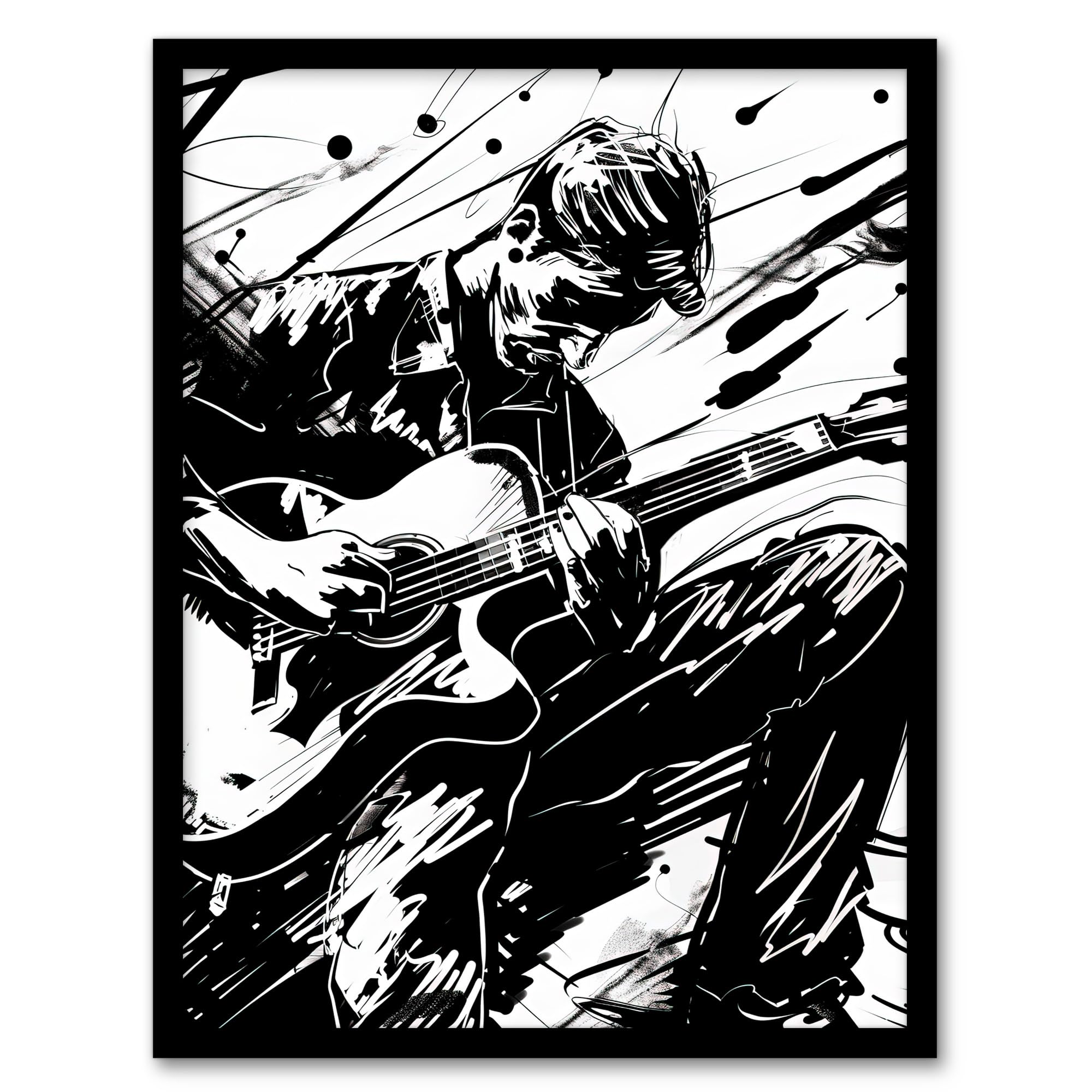 Artery8 Guitarist Playing Guitar Black White Ink Drawing Living Room Artwork Framed Wall Art Print A4