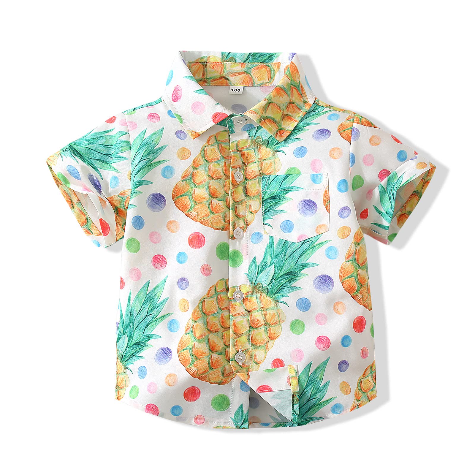 Toddler Baby Boys Button Down Shirts Hawaiian Cartoon Print Slim-Fit Short Sleeve Cool Dress Shirt Cute Top for Kids