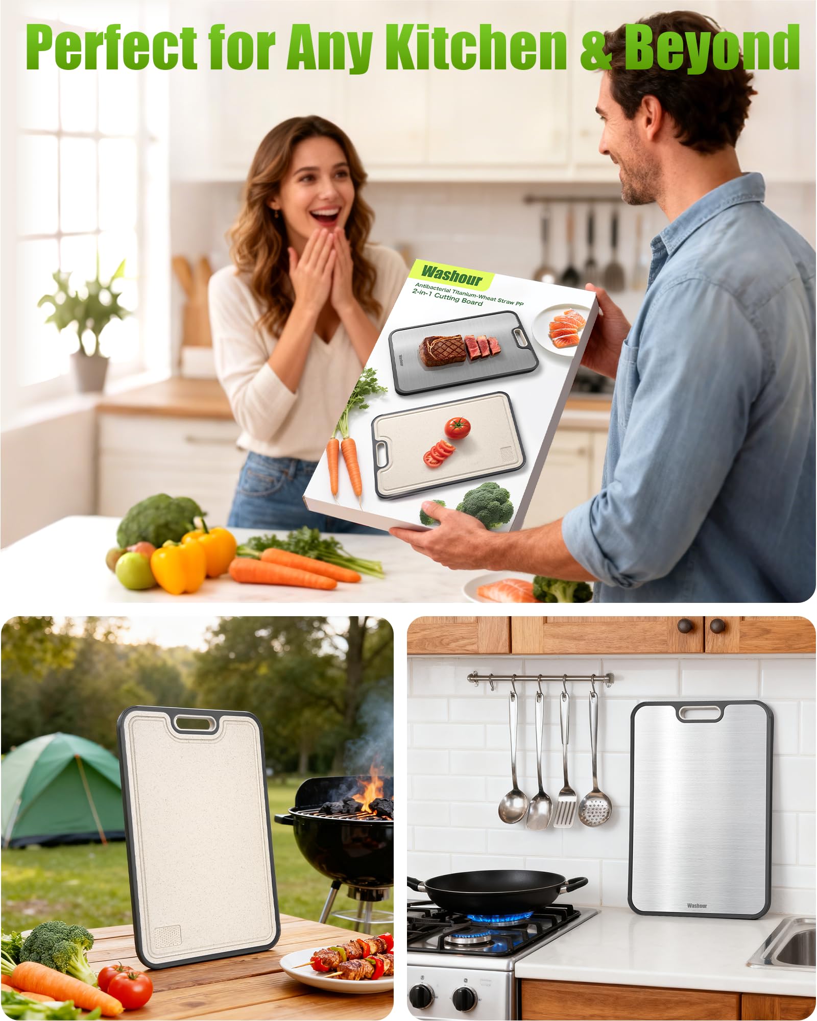 Titanium Cutting Boards for Kitchen, Non Toxic 2-in-1 Cutting Board, Chopping Boards for Meat Vegetable, Easy to Clean Large Size 16”×11”