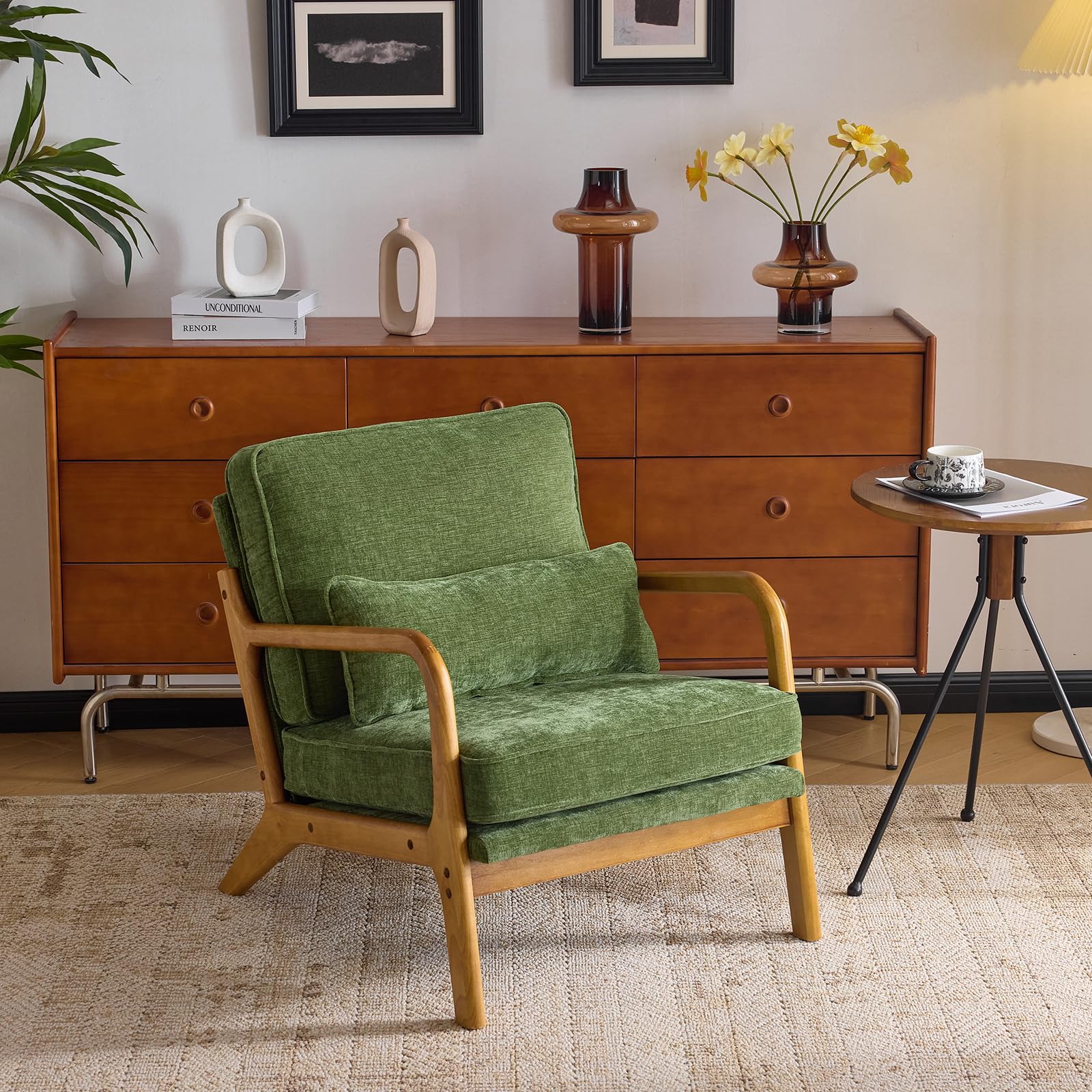 Living Room Olive Green Mid Century Chair VINGLI Chenille Mid