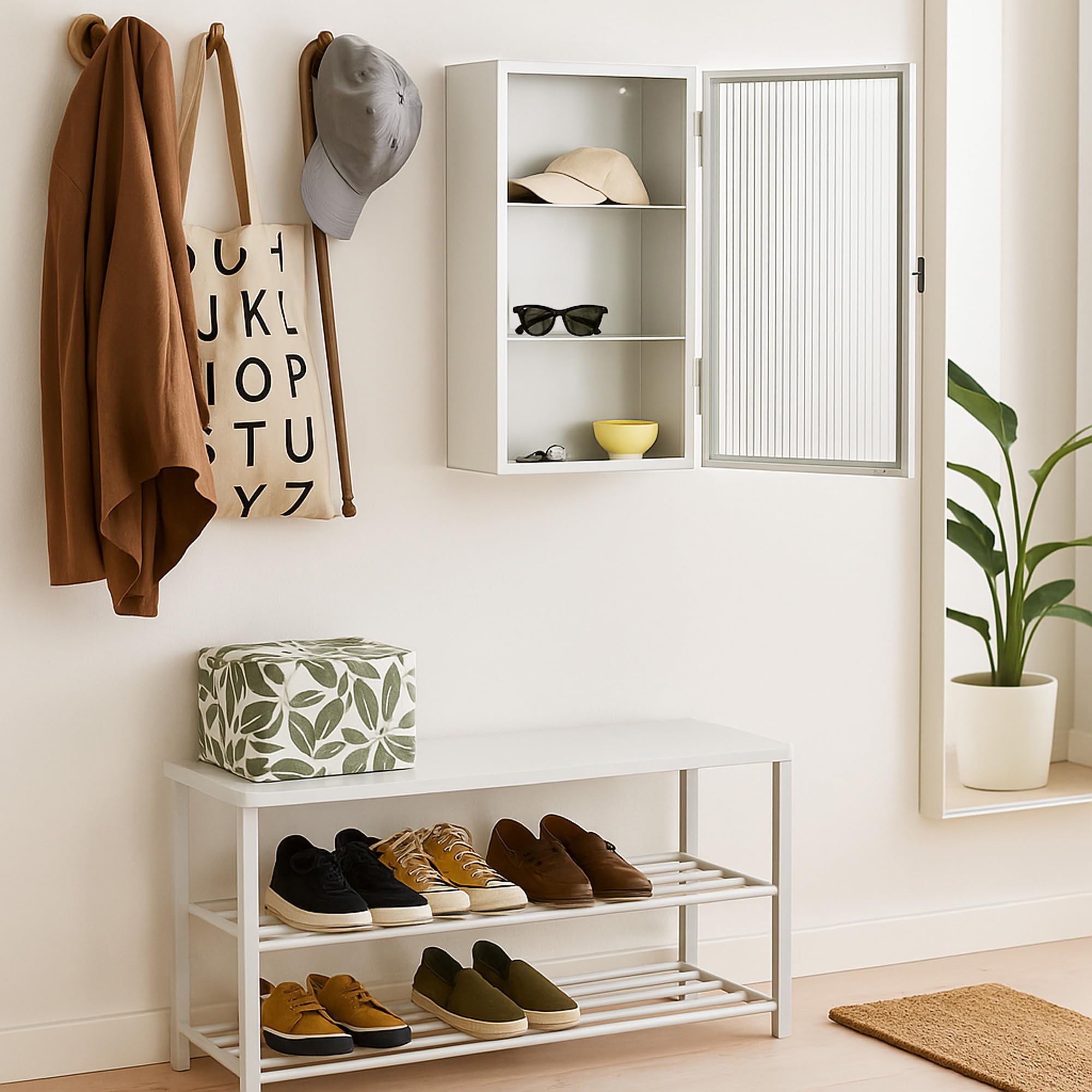 [en.casa] Hängeschrank Zundert Badezimmerschrank 60 x 35 x 15 cm mit geriffelter Glastür Medizinschrank Wandschrank für Wohnzimmer Bad Küche Stahl Weiß