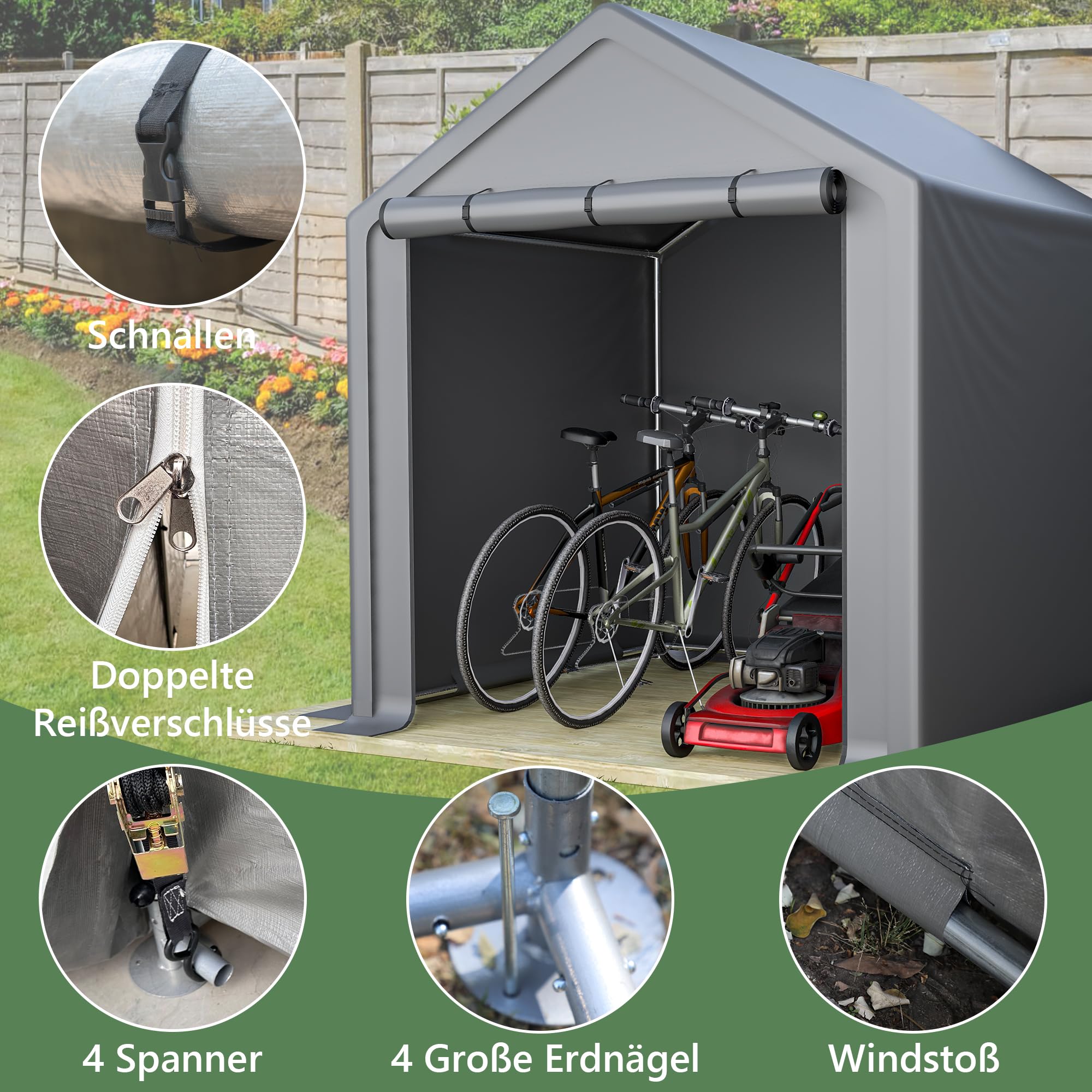 Caseta de 2 x 2 m, resistente a la intemperie, con estructura de acero, tienda de garaje, tienda de almacenamiento para bicicletas, herramientas de jardín, herramientas y accesorios de jardín