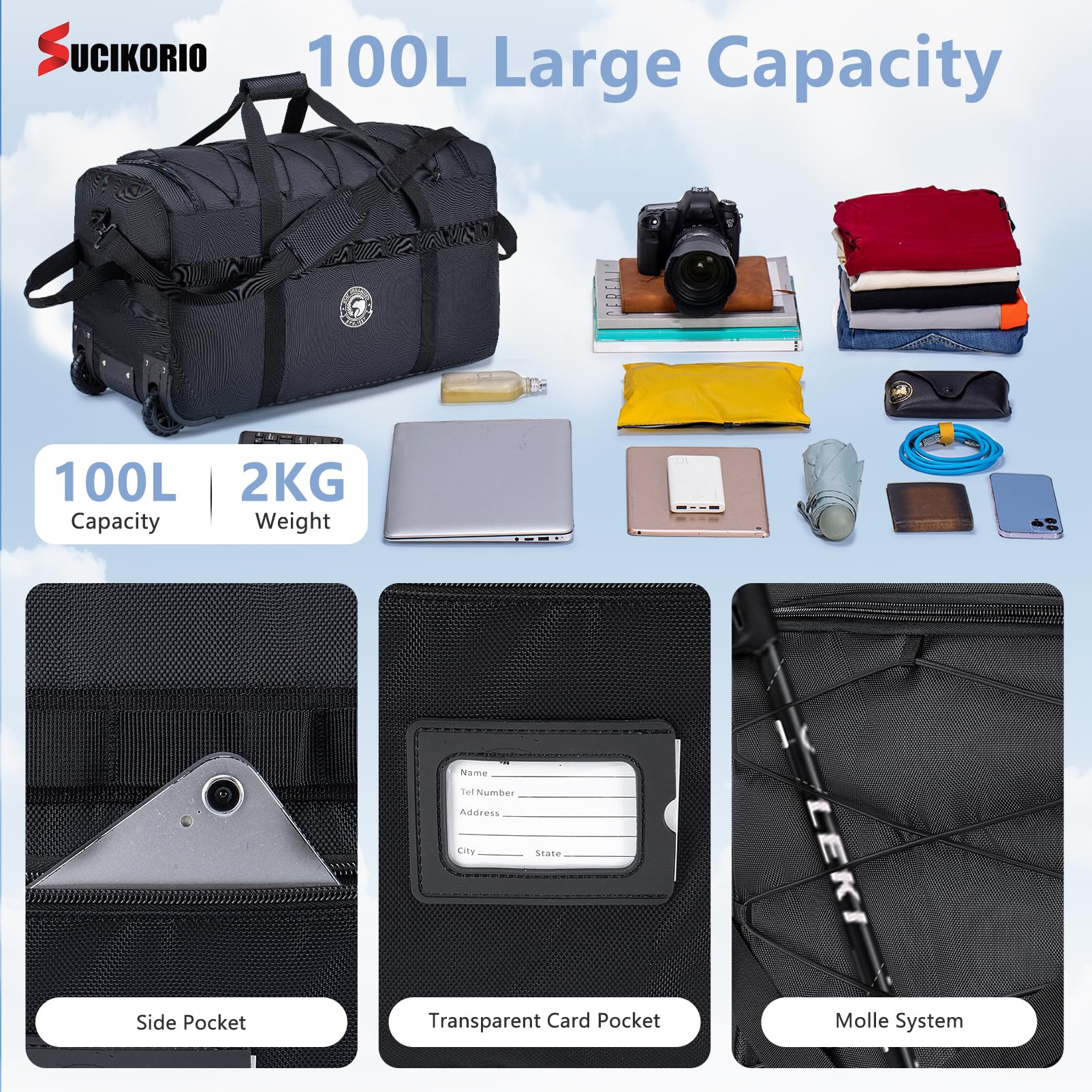 Torba Podróżna na Kółkach Duża 100L Składana Torba Podręczna z Zamkiem Szyfrowym 3-cyfrowym 70x35x40cm Wodoodporna 2 Rolls XL Walizka Weekendowa z Uchwytami Do Przenoszenia Dla Unisex