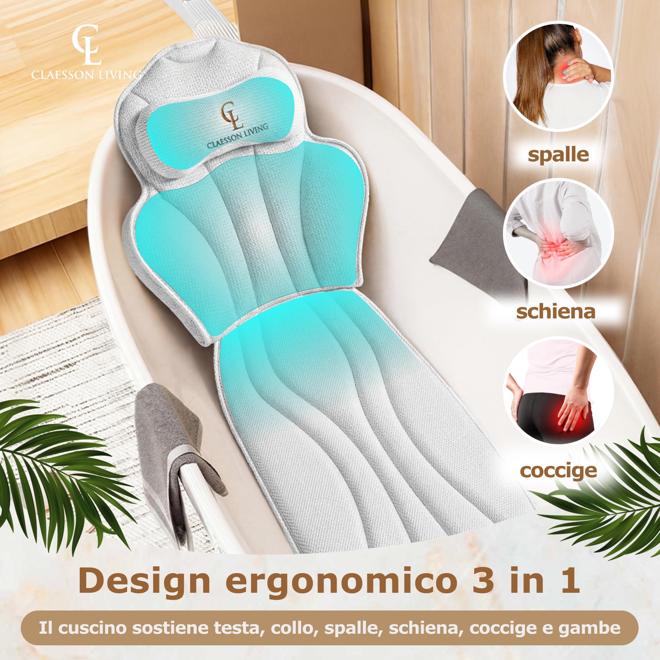 Cuscino Vasca da Bagno per Tutto il Corpo (152x56cm) – Cuscino Bagno con ventose e Poggiatesta (11cm); Supporta Collo, Schiena e Gambe – Incl. borse Lavaggio/Viaggio e Gancio Asciugatura – Bianco