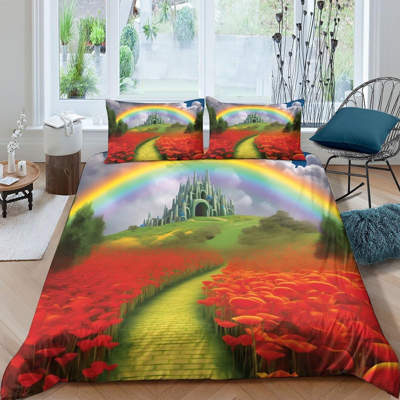 Ctjqhvkz Style-1 3D Printed Rainbow Path Fitted Sheet Microfiber Soft Fantasy Castle Bed Cover For Bedroom Dorm Mattress Decor Single（135X200cm）