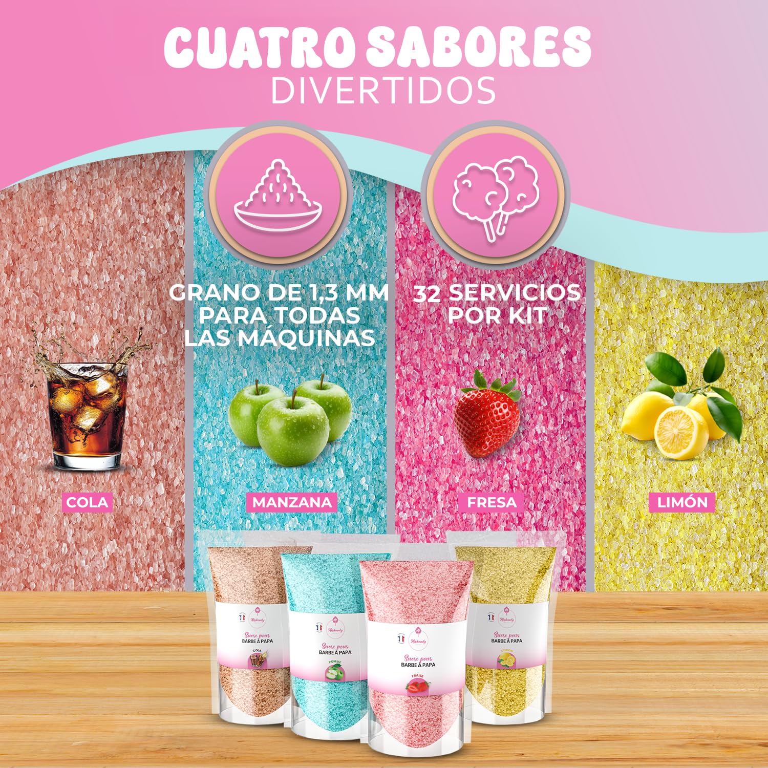 Misskandy® algodón de azúcar para máquina- Pack de 4 * 160Gr - (Sabores Naturales): Sabores: Fresa/Manzana/Cola/Limón + 50 palitos (gratis)