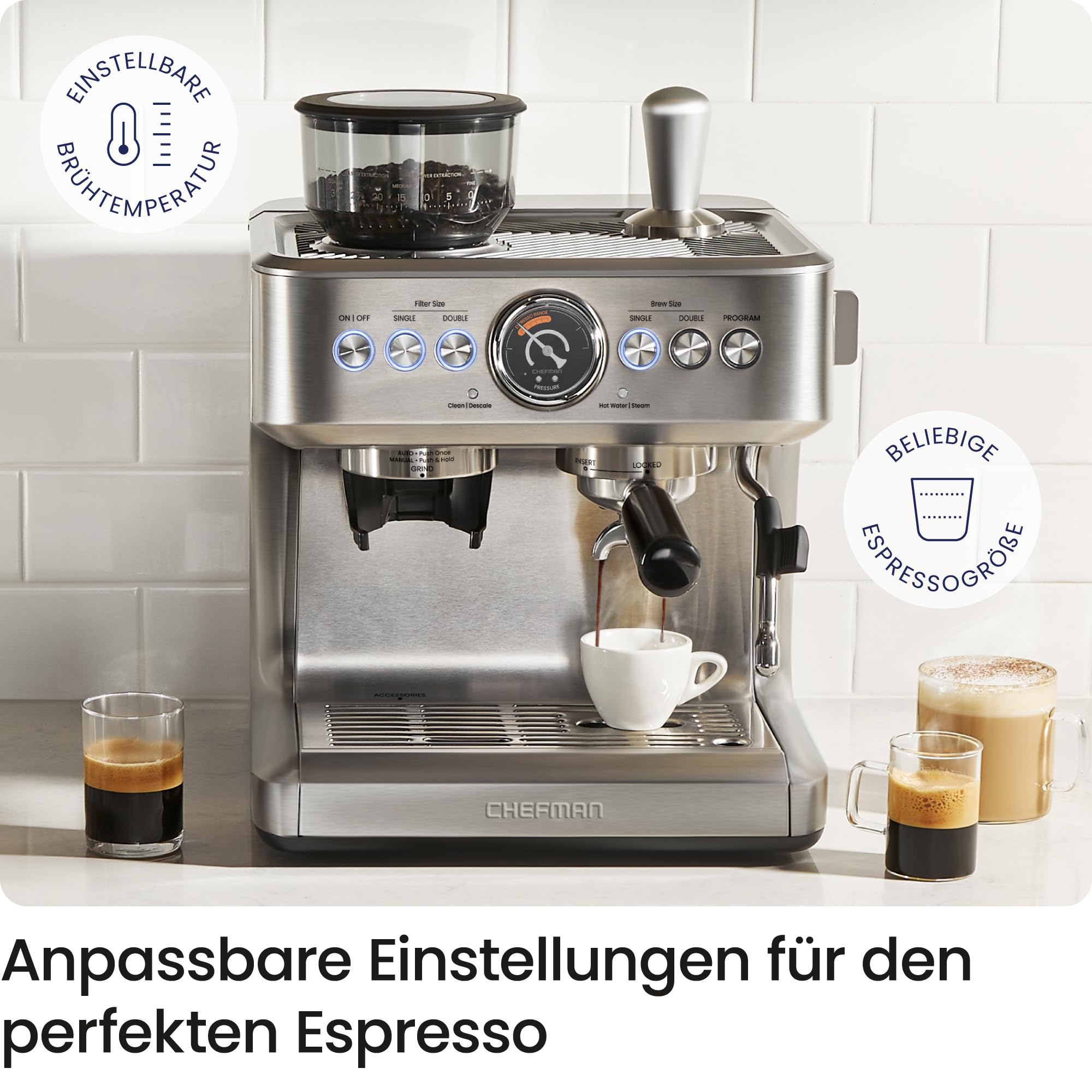 Chefman Crema Supreme 15 Bar Espressomaschine, Kaffeemühle, 30 Mahlgrade | Milchaufschäumer, Barista-Dampfstab, 3L abnehmbarer Wassertank, Edelstahl