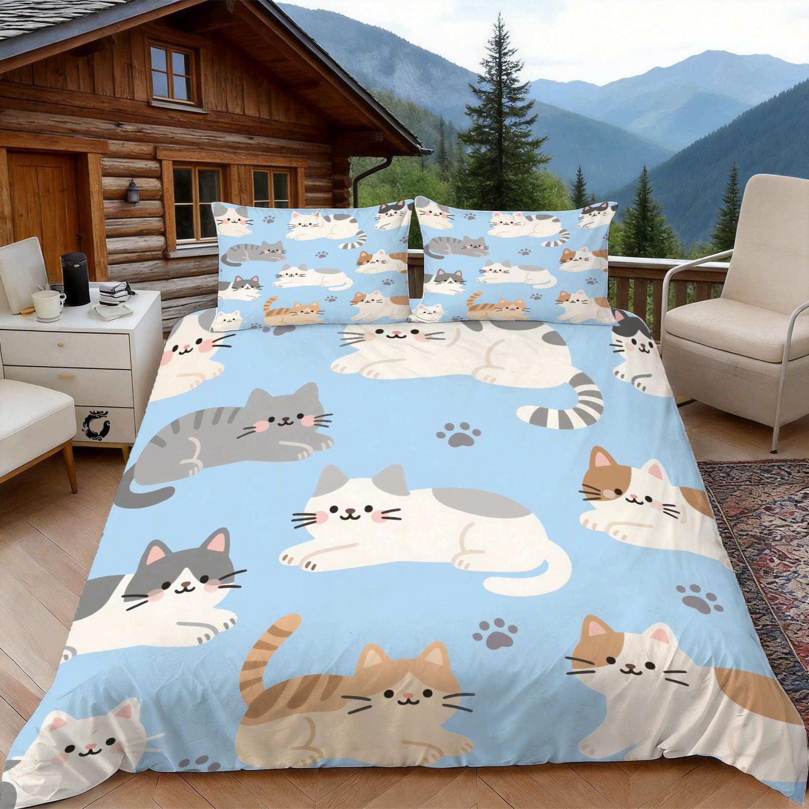 Housse de couette chat 220x240 cm anti-plis et facile à laver avec zip