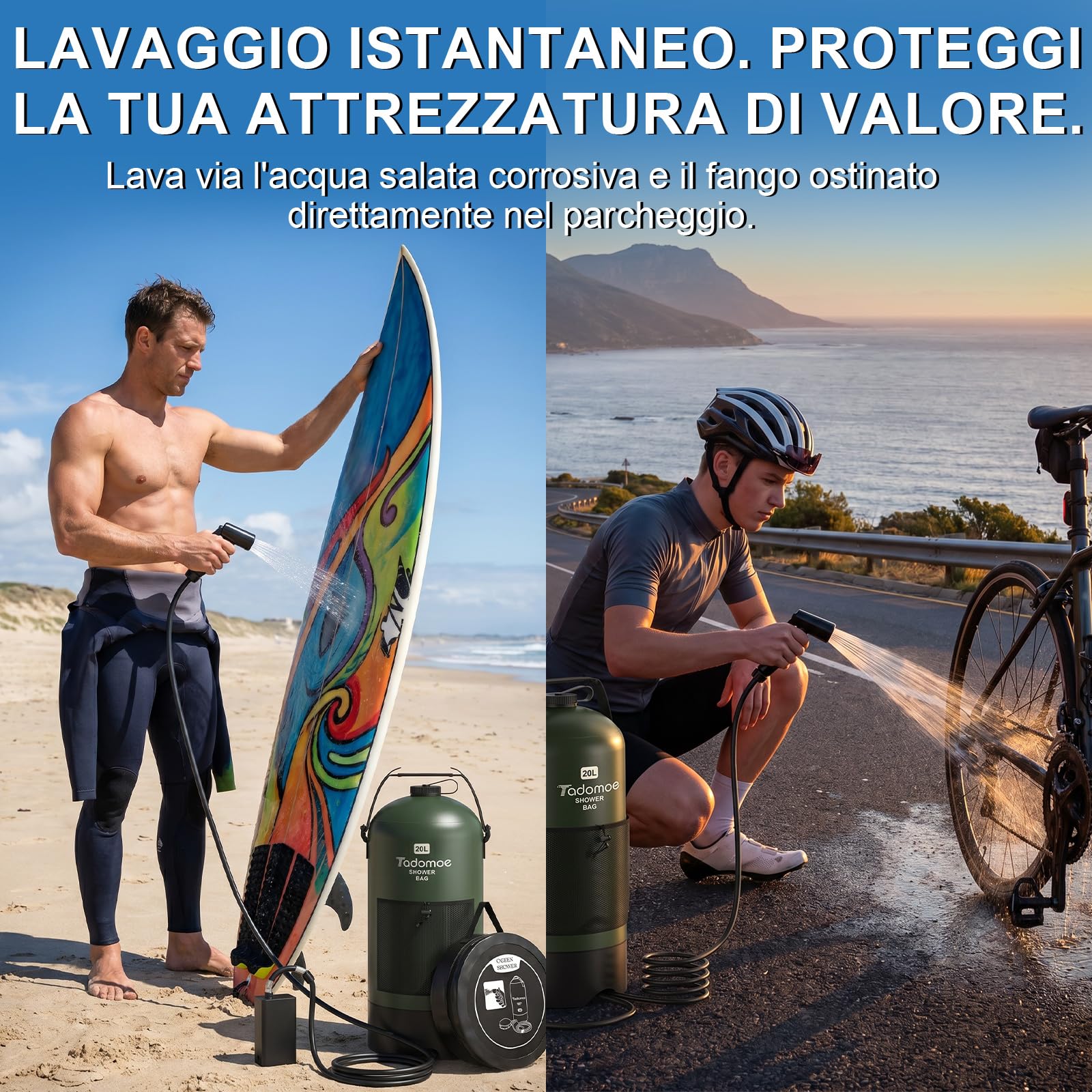 20L Doccia da Campeggio con 2000mAh Pompa e Tubo da 2m, Doccia Portatile Solare Borsa con Borsa di Trasporto e Soffione - Doccia Mobile per Camping, Spiaggia, Cani e Giardino