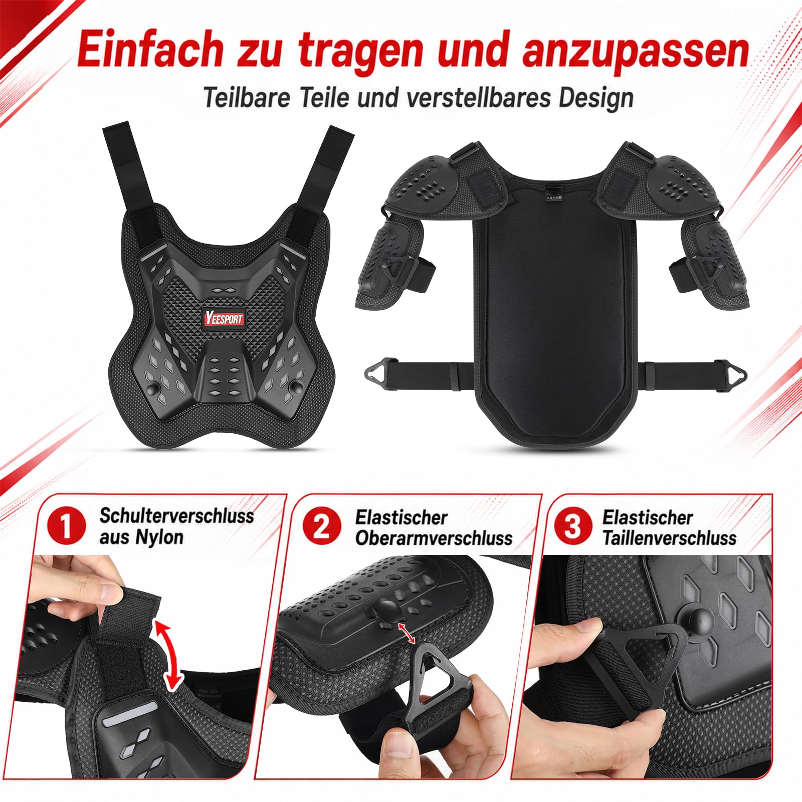 Kinder Brustpanzer Protektoren Set Motocross Schutzausrüstung | Kinder Schutzkleidung mit Protektorenweste, Brustschutz, Rückenprotektor, Kniepads, Ellbogenpads, Mesh-Gewebe und Reflektoren