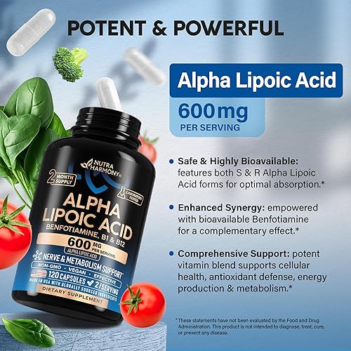 Miniatura 4 de Ácido alfa lipoico 600 mg Suplemento de ALA antioxidante para nervios, energía y metabolismo Extra fuerte con benfotiamina, B1 y B12 probado en