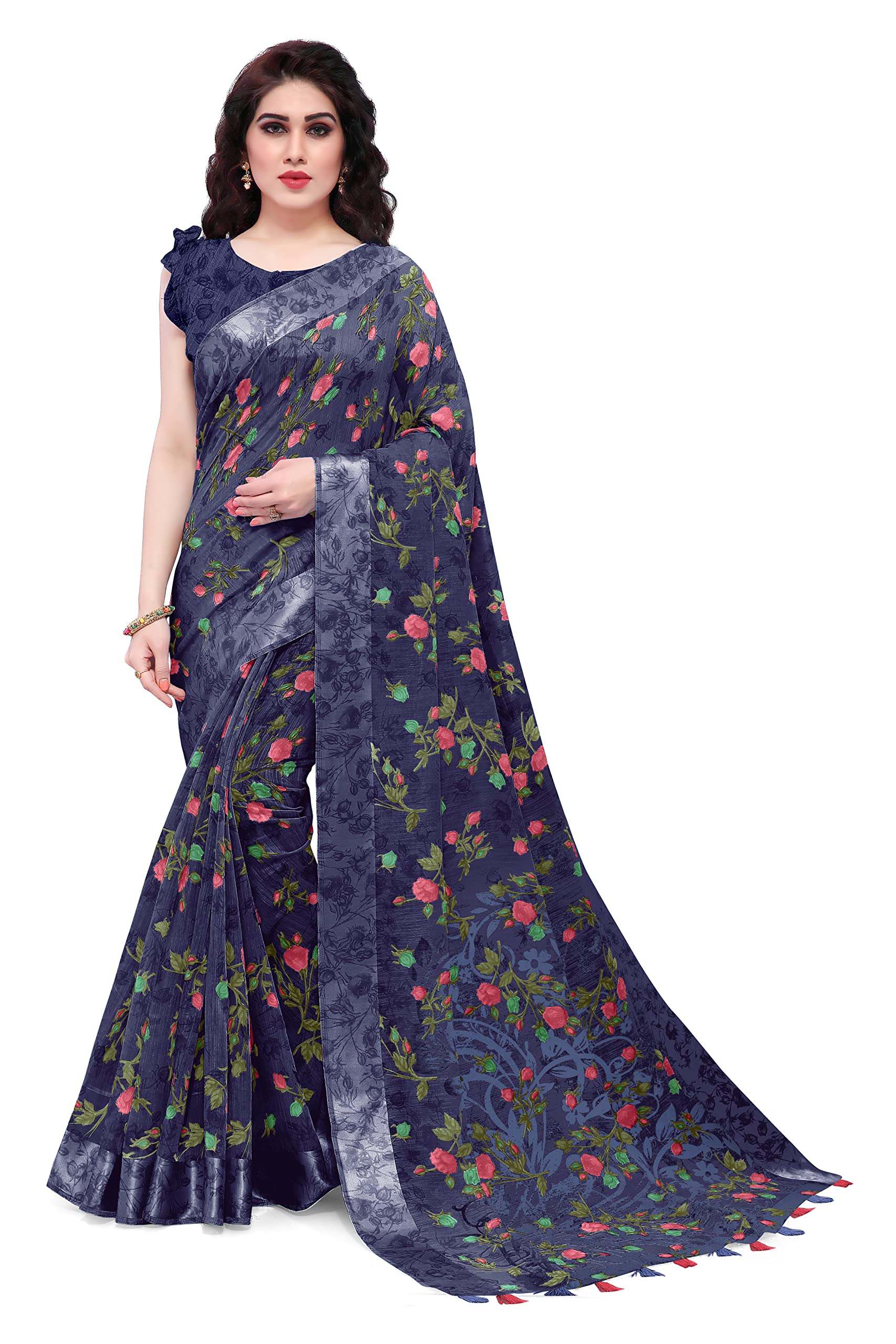 MIRCHI FASHION Women's Cotton Blend Floral Printed Saree with Blouse Piece