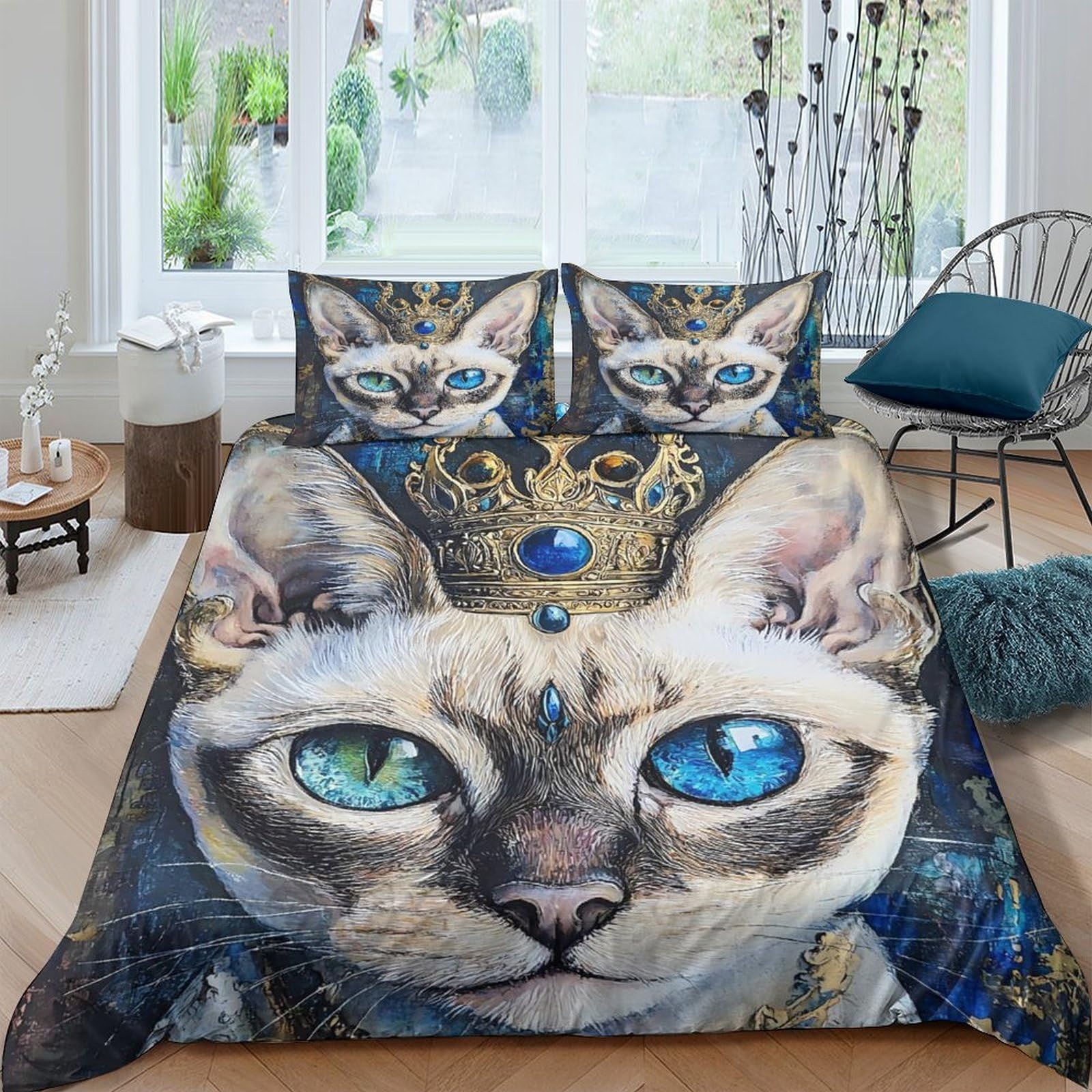 Ctjqhvkz Style-2 3D Printed Cat Portrait Fitted Sheet Microfiber Soft Blue Gold Artistic Animal Bed Cover For Bedroom Dorm Decor Single（135X200cm）