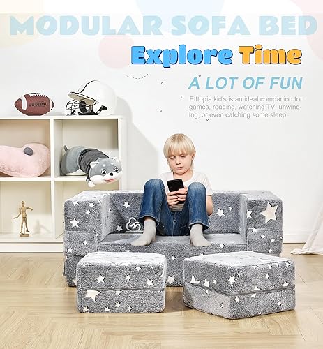 Miniatura 4 de Elftopia Sofá modular para niños, sofá infantil que brilla en la oscuridad, sillón de espuma para niños, juego de sofá de felpa convertible para