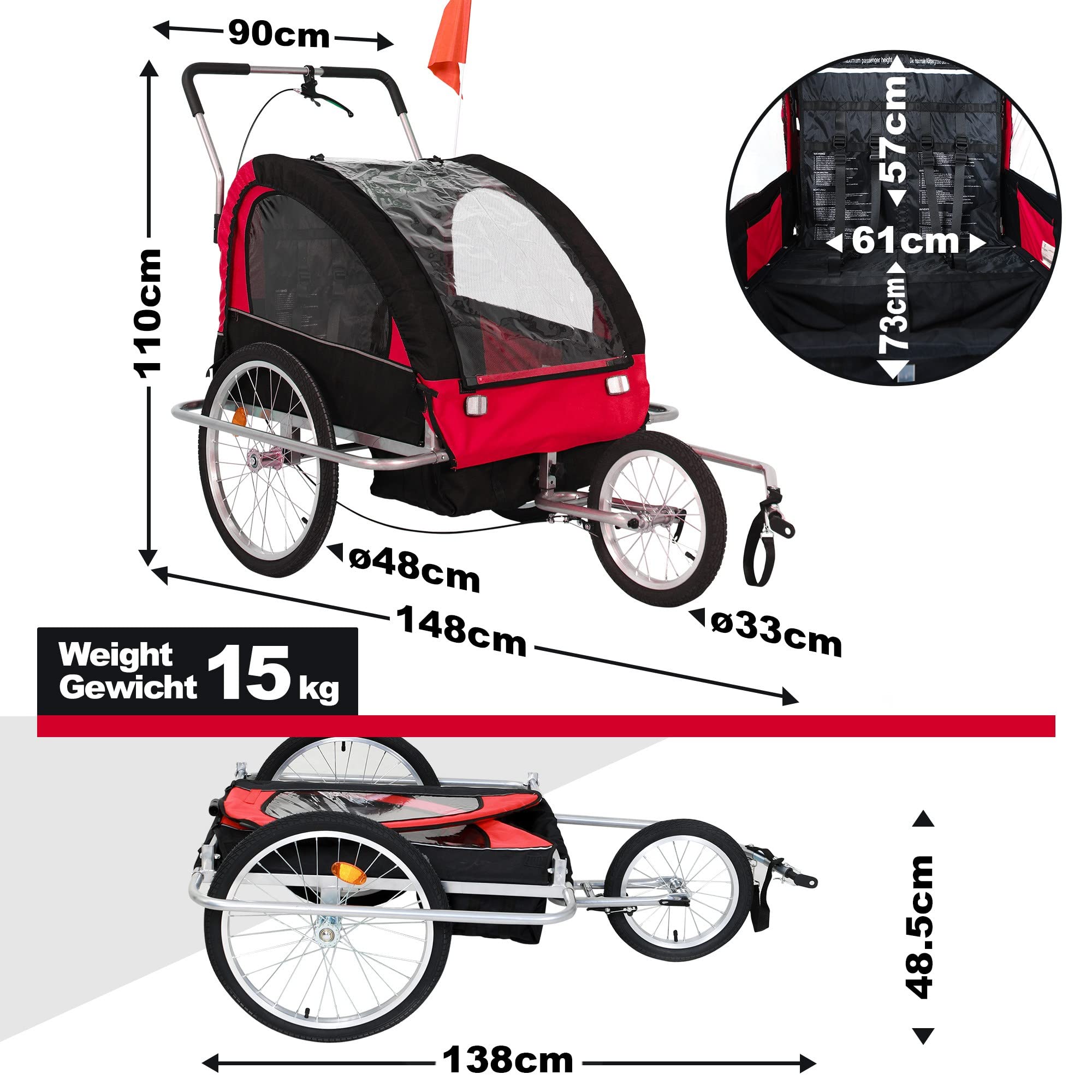 Jago® Rimorchio per Bicicletta - 2 Posti, da Bambini 12+ Mesi, Fissaggio a 5 Punti, Pieghevole, Tasche Laterali, Carico Massimo 40kg, in 3 colori - Carrellino Cani, Passeggino