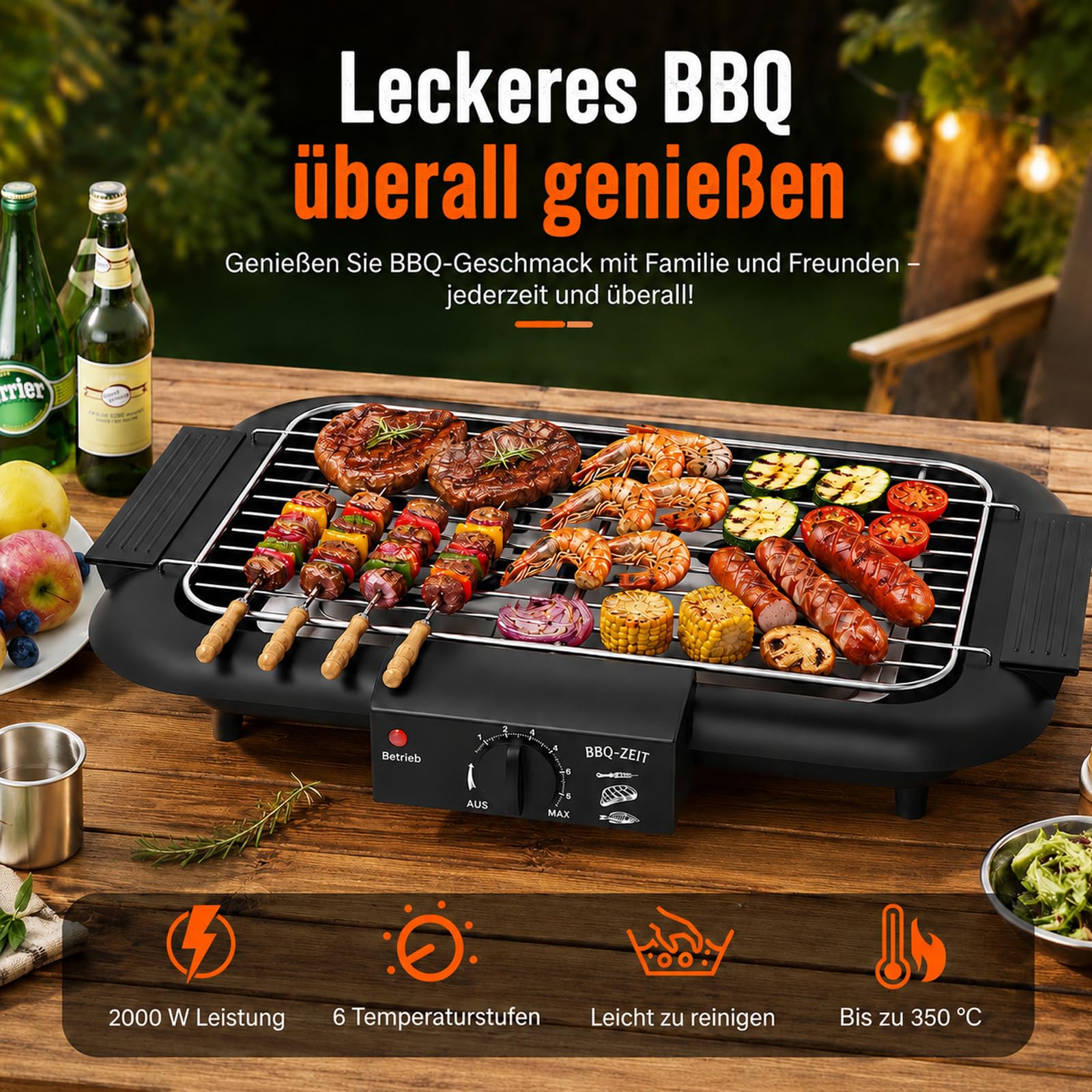 Barbacoa eléctrica de mesa, barbacoa eléctrica con superficie de parrilla de 48 x 34 cm, 2000 W, 6 ajustes de temperatura, parrilla de pie con rejilla extraíble de acero inoxidable y bandeja colectora