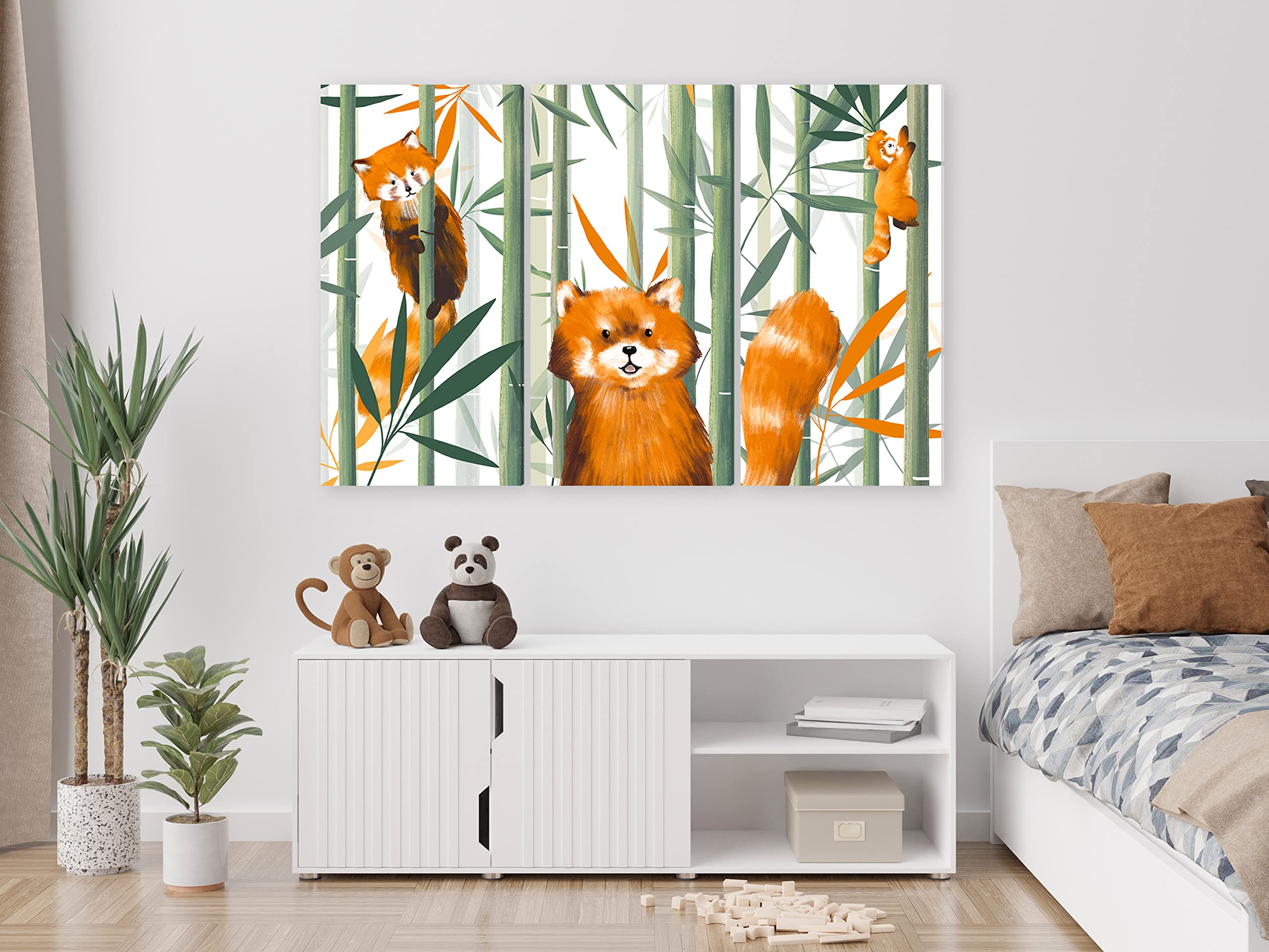artgeist Acoustic Canvas Wall Art Print for Children 47x31 in - 3pcs Picture with Acoustic Foam Soand Print Artwork Room Acoustics soundproofing Fox Bamboo Leaves e-A-10031-b-a