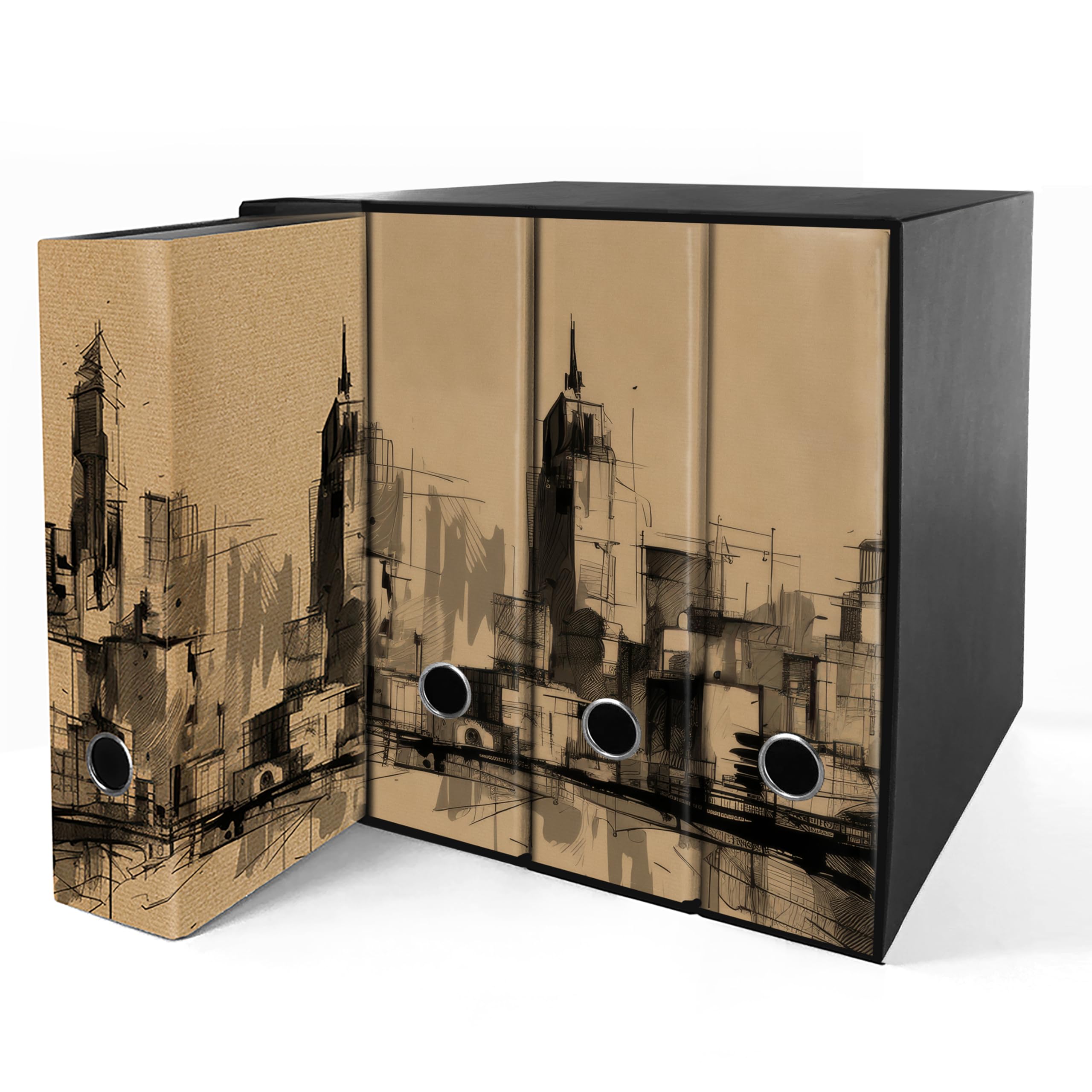 Raccoglitori ad anelli Avana Città illustrata- Set da 4 raccoglitori - SHAREPRINTING Faldoni (H31 a 4 anelli)
