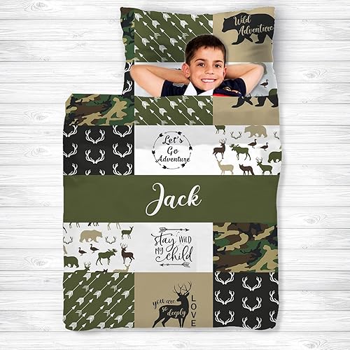 Juego de colchoneta para siesta con nombre, sacos de dormir de oso para niños, colchón de camuflaje personalizado para niños, sacos de dormir para