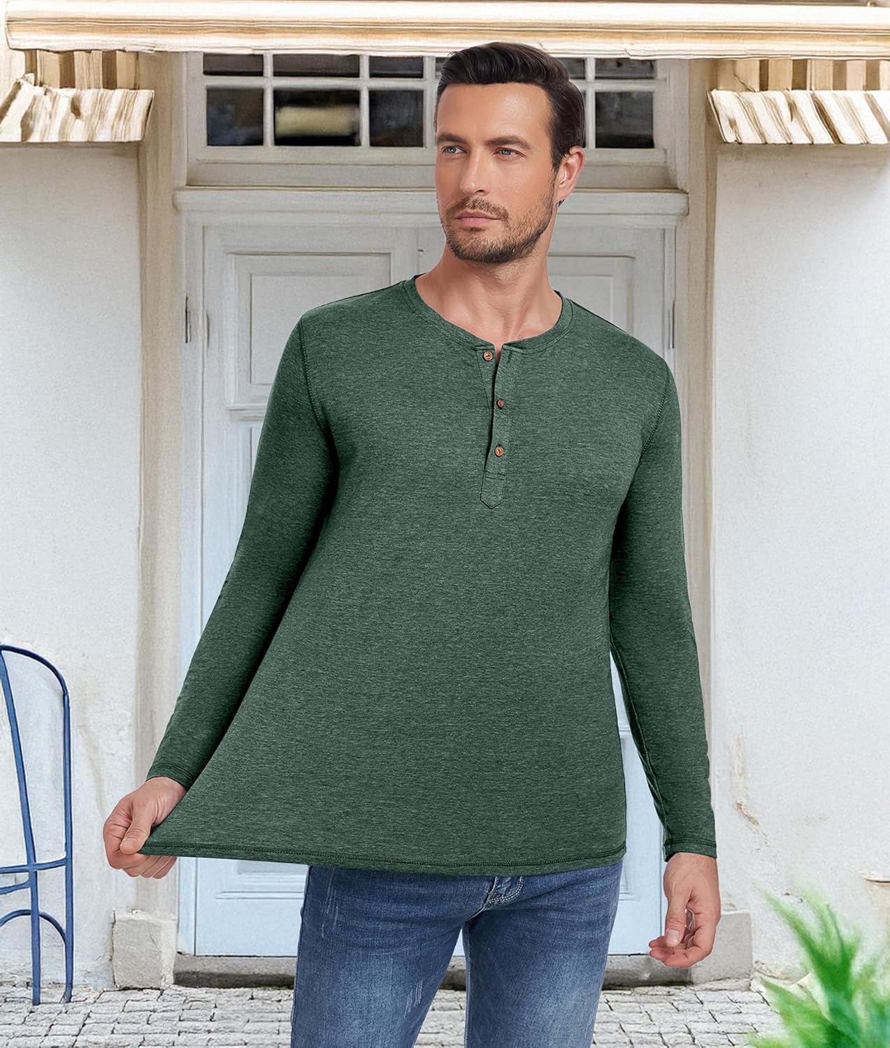 PEGENO Men's Fashion Casual Front Placket Long Sleeve Henley T-Shirts Cotton Shirts - Image 4