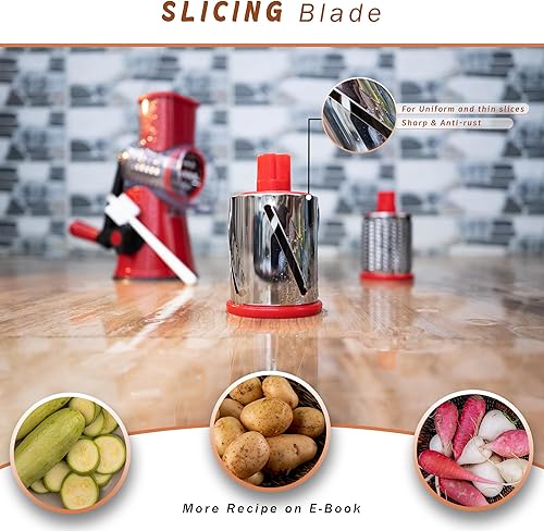 Miniatura 5 de Rallador rotativo de queso con mango - Trituradora de queso 3 en 1 - Rallador giratorio de acero inoxidable - Rebanador de verduras de mandolina -