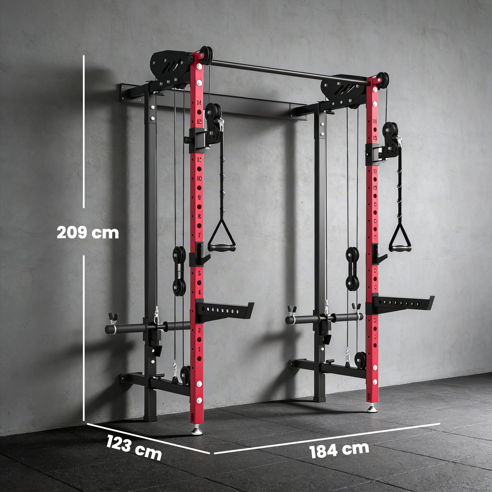 SPORTNOW Jaula de Potencia Musculación Plegable, Rack para Sentadillas | en Pared, Barra de Dominadas, Sistema Poleas Dobles, Soportes Barra Ajustables en 14 Niveles 25-165cm, Carga 700 kg