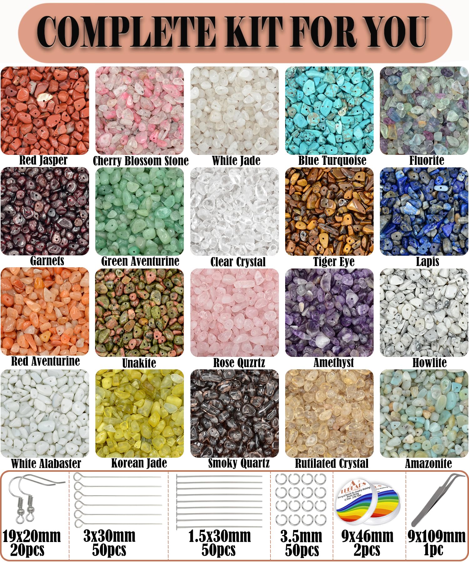 LPBeads Kit de fabricación de joyas, 1200 cuentas de cristal natural en 20 colores de piedras preciosas, anillos de salto, ganchos para aretes, pines, cuerda elástica para pulseras para niñas y