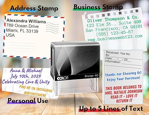 Miniatura 5 de StampBee Sello personalizado de gran tamaño hasta 5 líneas de texto personalizado, 6 colores de tinta y muchas fuentes, sello comercial