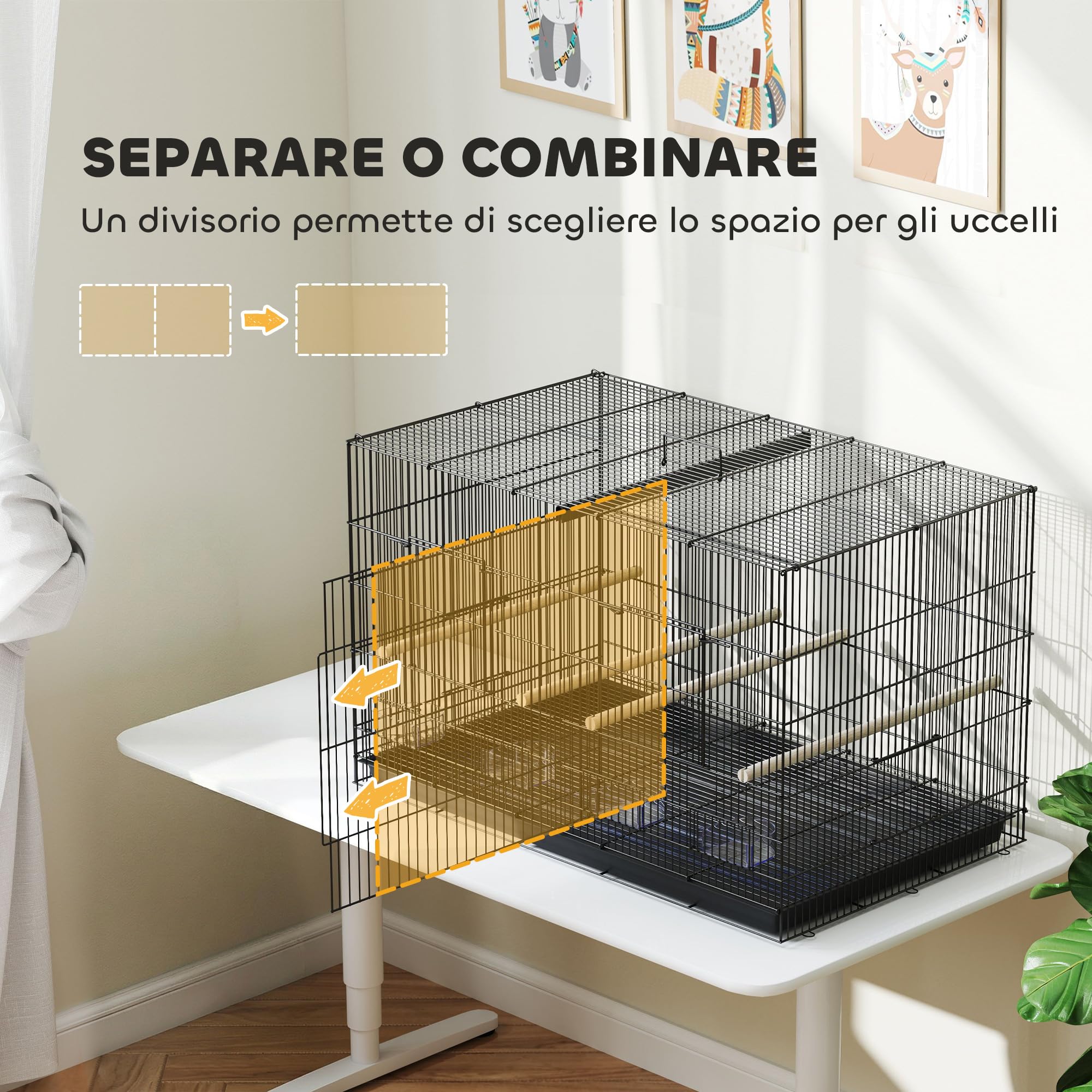 PawHut Gabbia per Uccelli con Divisorio e Ripiano Inferiore Portaoggetti, Gabbietta per Uccelli in Acciaio e PP con 4 Posatoi e 4 Mangiatoie, 94x57x57 cm, Nero