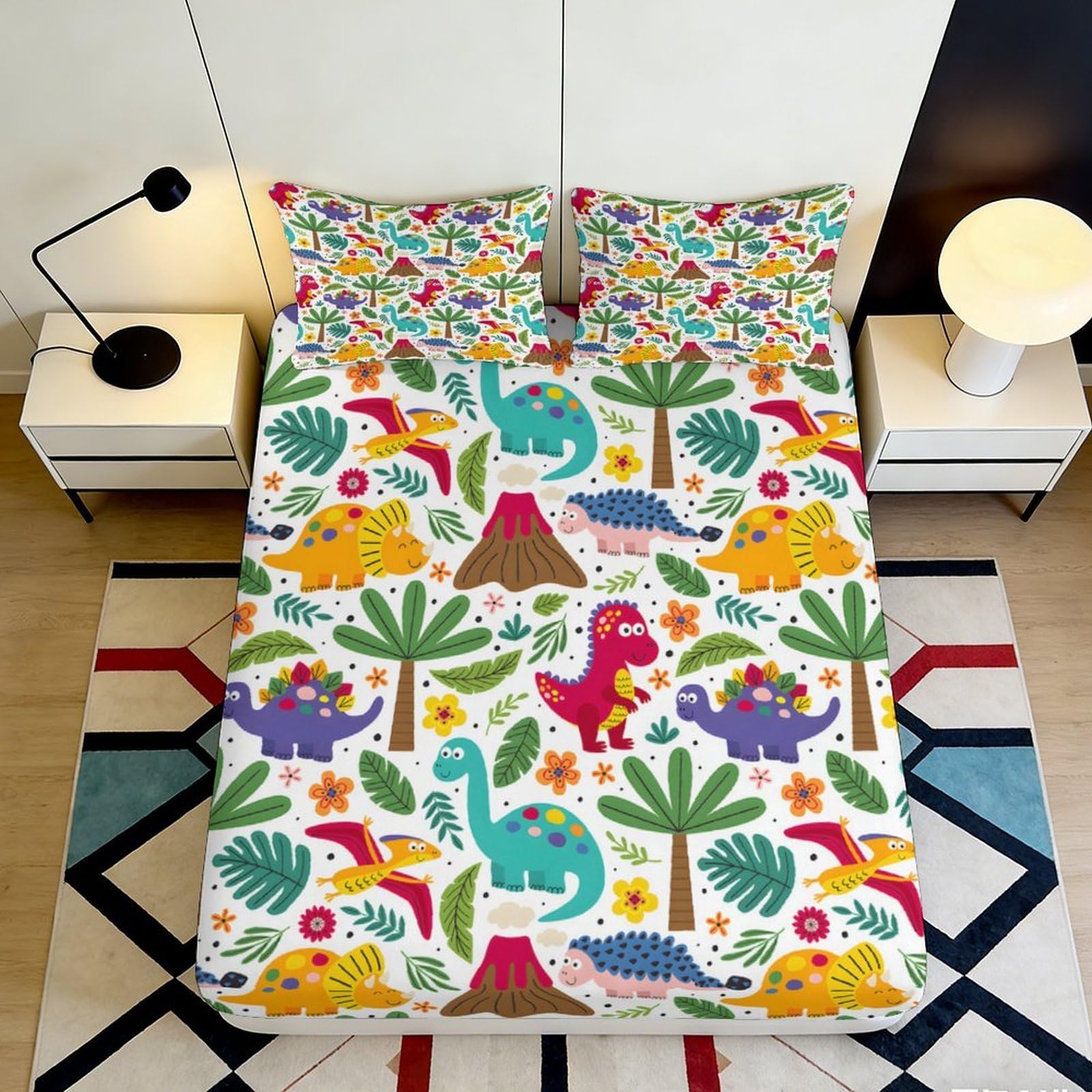 3D Printed Colorful Dinosaur Fitted Sheet Microfiber Soft Anti-Slip Cartoon Volcano Bed Cover for Bedroom Dorm Mattress Decor 90x200x25cm