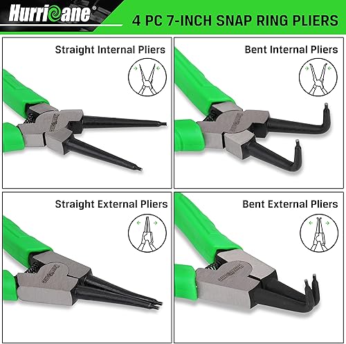 Miniatura 3 de HURRICANE Juego de 4 alicates de anillo a presión, kit de alicates de clip de 7 pulgadas interno y externo, alicates de mandíbula recta y doblada