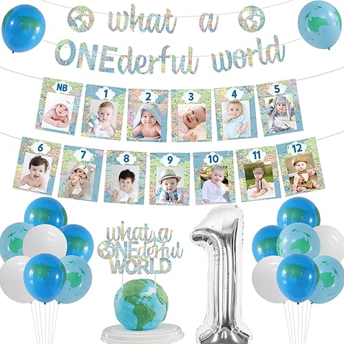 Decoraciones de primer cumpleaños para niño con texto en inglés «What a Onederful World», decoraciones de viaje alrededor del mundo, suministros de