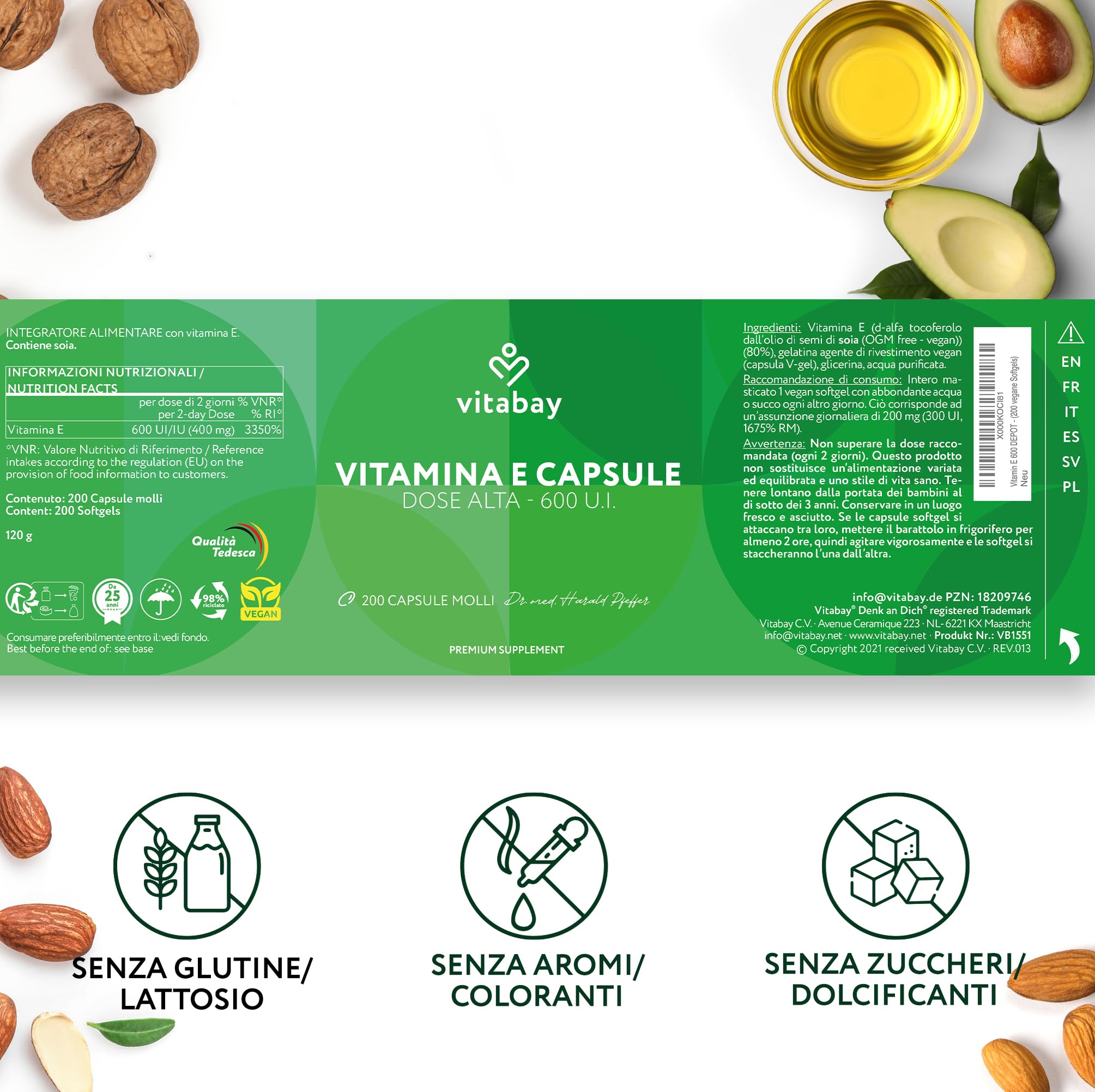 Vitabay Vitamina E 600 UI Depot - 200 softgel vegane - D-alfa-tocoferolo - alto dosaggio - contribuisce alla protezione delle cellule dallo stress ossidativo - testato in laboratorio - 12 mesi