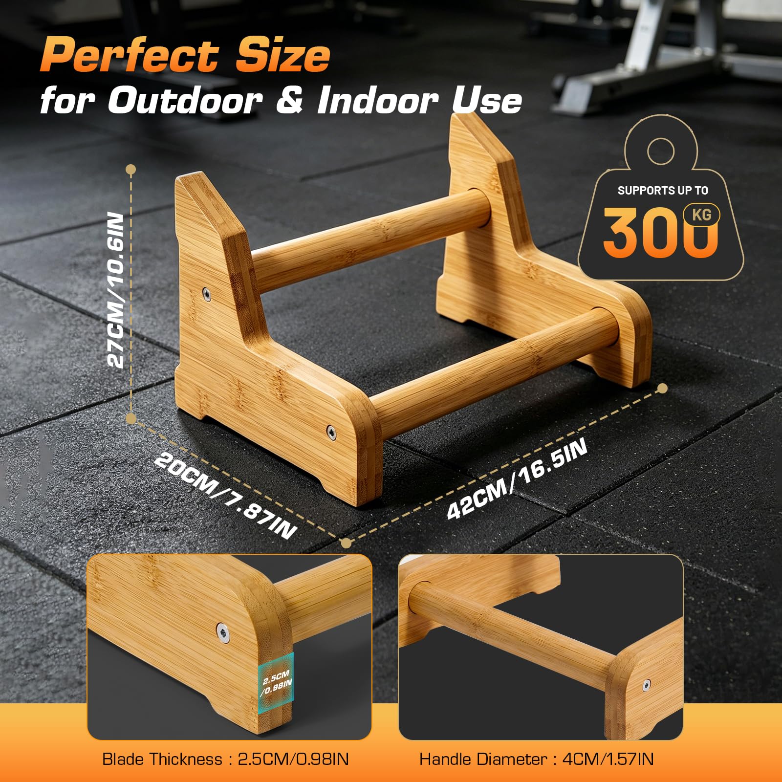 2 maniglie per flessioni in legno, antiscivolo, asta in legno rimovibile, 3 livelli di regolazione in altezza, adatte per esercizi a casa ed esercizi all'aperto, portata 300 kg