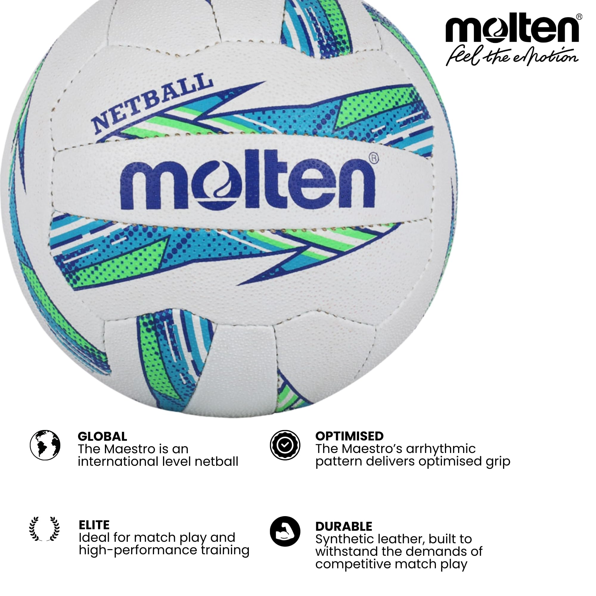 Molten Ballon de Netball pour Femme Maestro International Level, Vert/Bleu, Taille 5