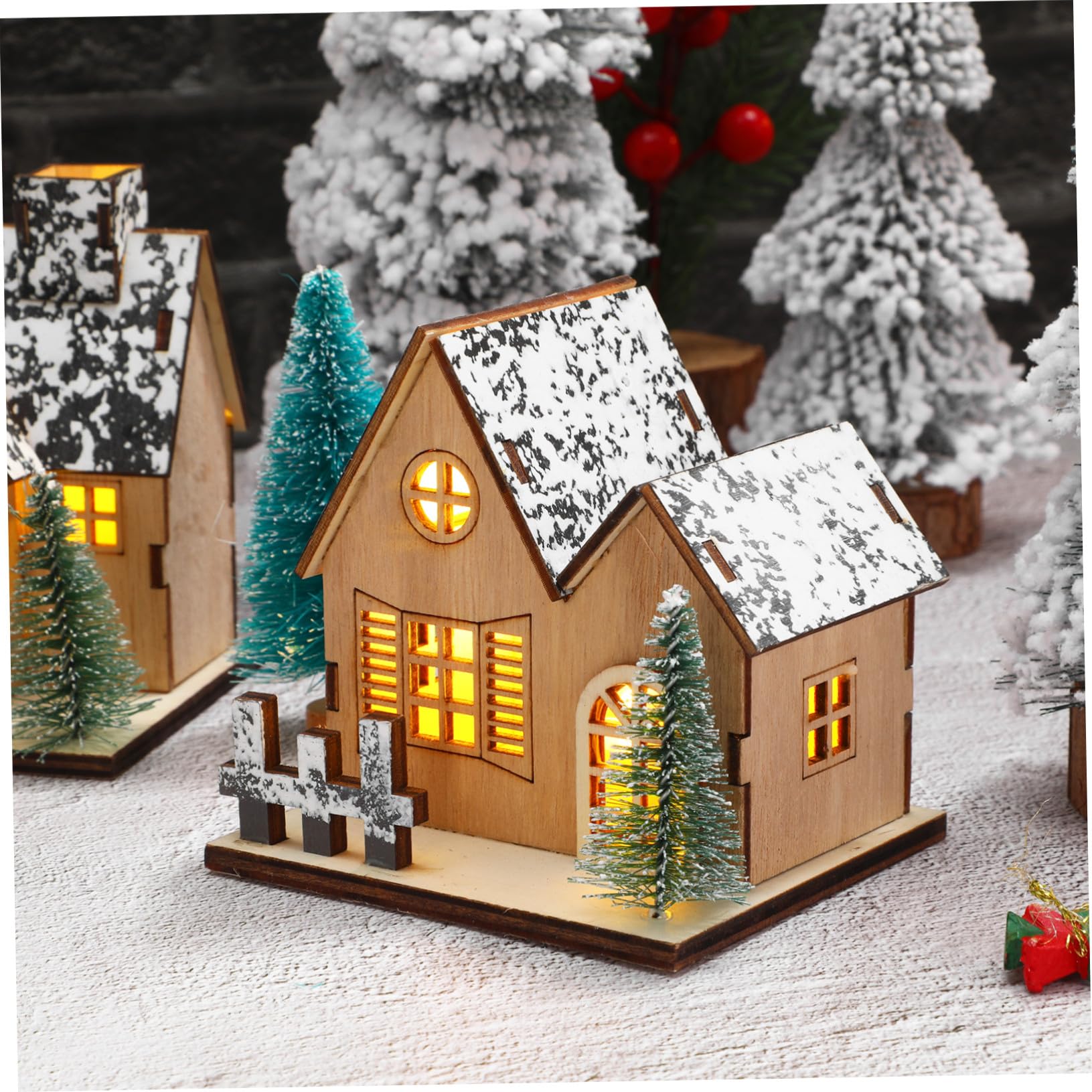 Hohopeti 3pezzi Casetta di Legno Natalizia Luci LED Villaggio di Case di Natale Decorazione per Casa di Natale in Legno