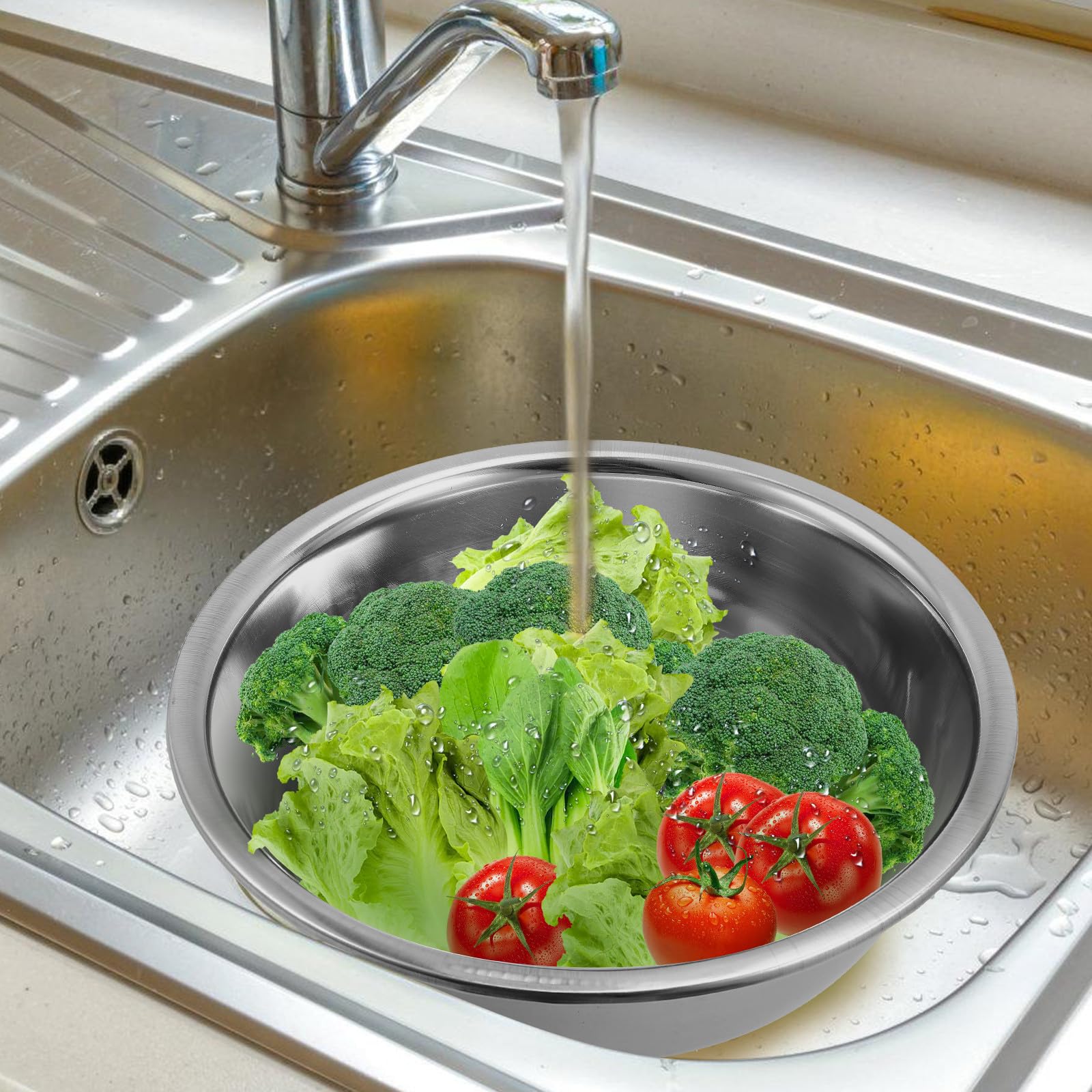 VILLCASE Cuenco de Acero Inoxidable Grande y Redondo Base Plana para Mezclar Harina y Huevos, Diseño Multifuncional, Fácil de Limpiar, Adecuado Cocina Moderna