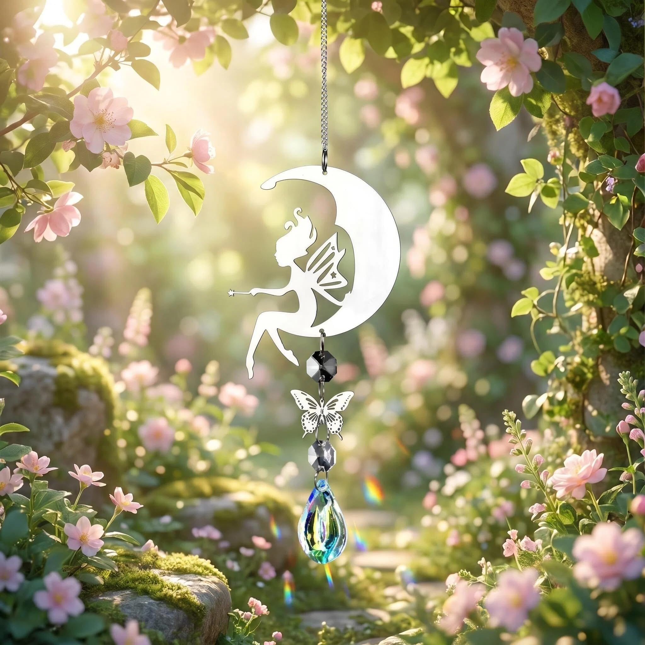 Durdiiy 3D Spiral Wind Chimes Gradient Colored Moon Angel Butterfly Wind Spinners for Outdoor Yard and Garden Decorations (silver)