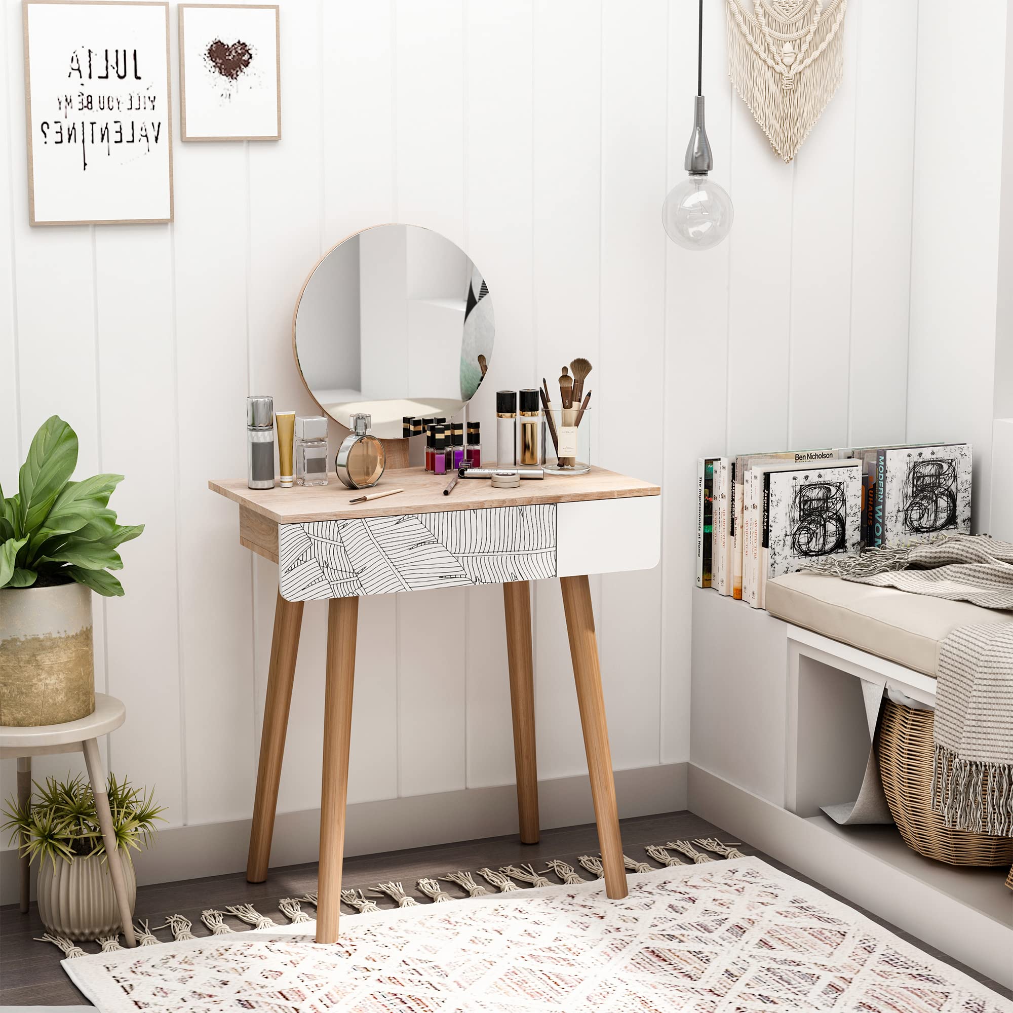 HOMCOM Postazione Trucco con Specchio Circolare Ф39cm, Toeletta Trucco con Cassetto con Decorazione Jungle, 70x39x119-128cm, Bianco e Rovere