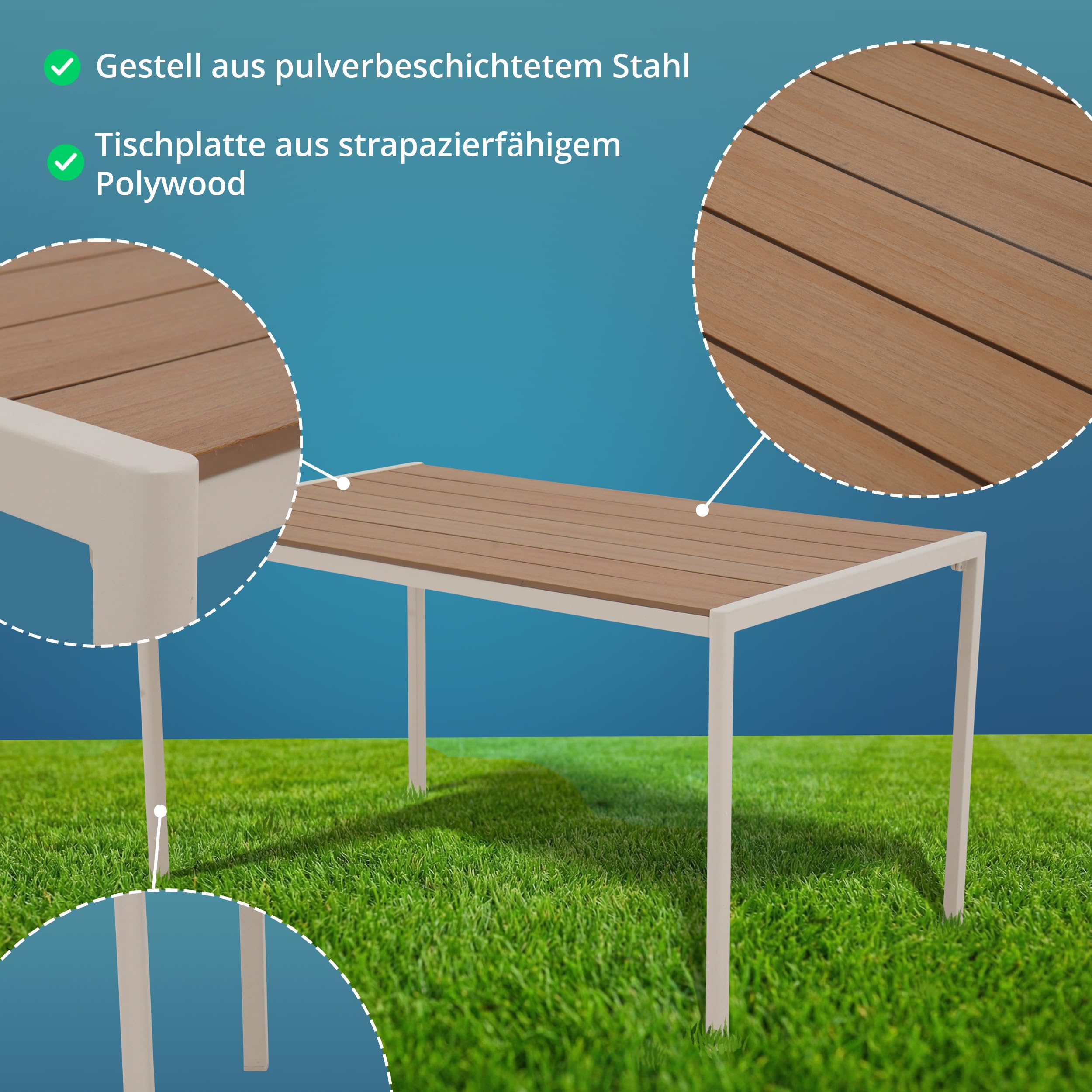 KHG Gartentisch beige, Esstisch Stahl-Gestell und Tischplatte Polywood | in Teak-Optik für 6 Personen, wetterfest UV-beständig, 83x75x140 cm, für Wohnraum und Alltag, praktisch für Zuhause