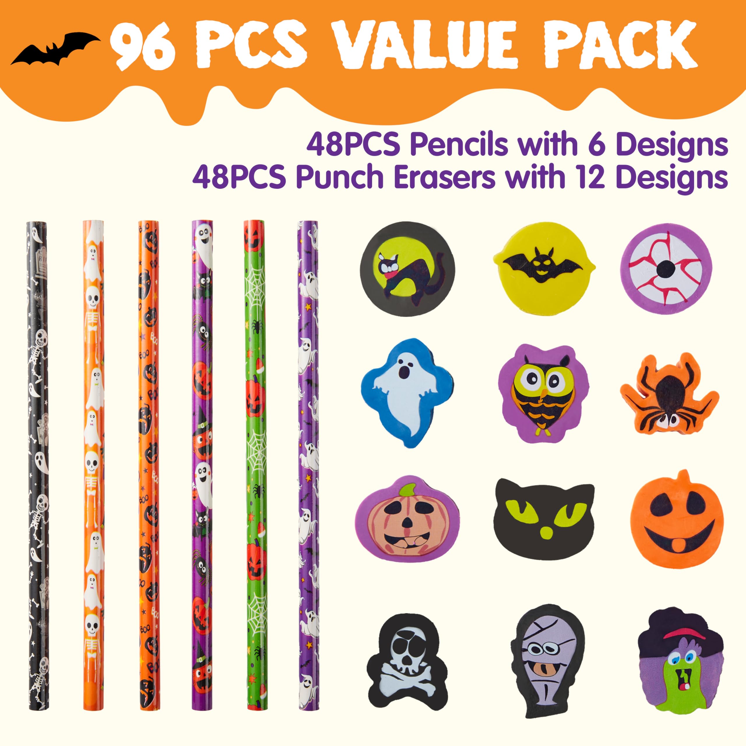 JOYIN Lot de 48 crayons d'Halloween avec gommes, assortiment de 48 crayons de couleur pour enfants en 6 motifs, 48 gommes géantes en 12 styles, fournitures de fête d'Halloween