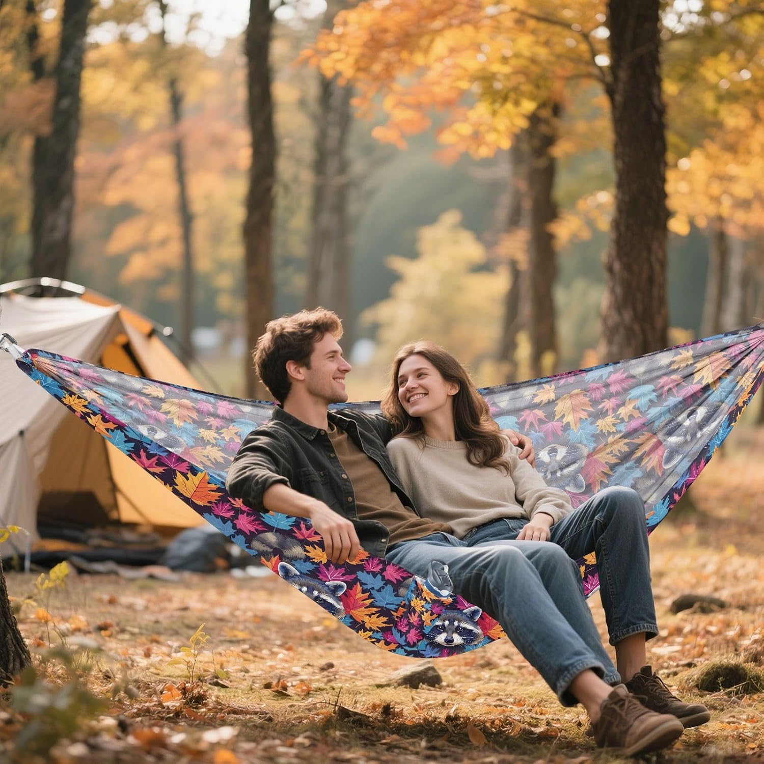 ALAZA Raccoon Maple Leaves Rainbow Color Camping Hammocks Single or 2 Person 500 lbs Portable Parachute Travel Hammock w/Tree Straps for Hiking Backpacking Indoor Outdoor