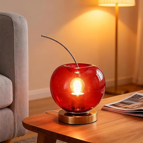 Miniatura 1 de Ganeen Lámpara de mesa con forma de cereza y fruta, pantalla de cristal con base de metal dorado, luz nocturna de escritorio para mesa de sala de