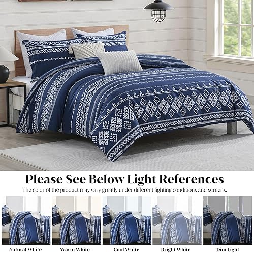 Miniatura 7 de Y-PLWOMEN Juego de funda de edredón azul marino tamaño Queen, juego de funda de edredón de 3 piezas con diseño geométrico a rayas aztecas, funda de