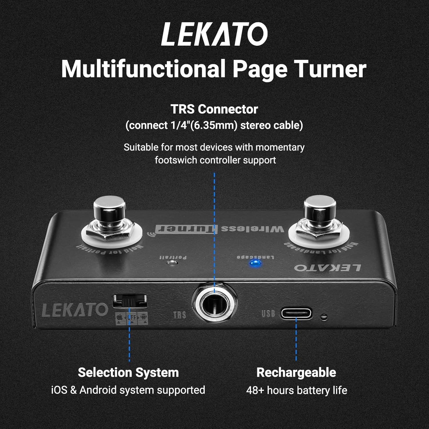LEKATO Wireless Page Turner Pedal showing TRS, USB, and charging ports.