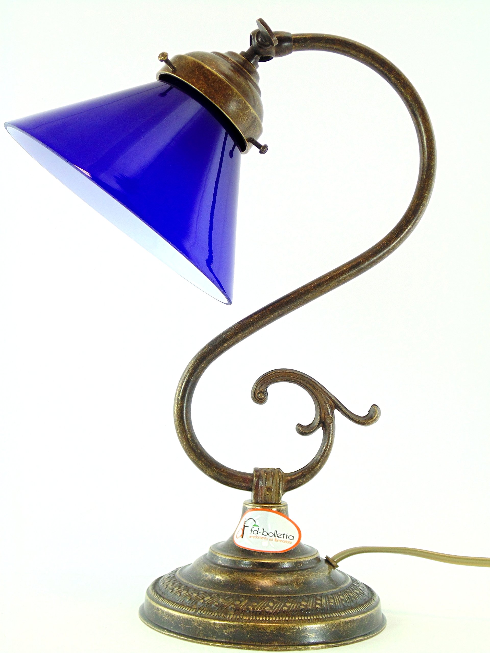 Lampada ottone da comodino,tavolo,scrivania,illuminazione per interni con paralume vetro blu s29 Misure: H 32cm, Ø vetro 15cm, Ø base 13cm
