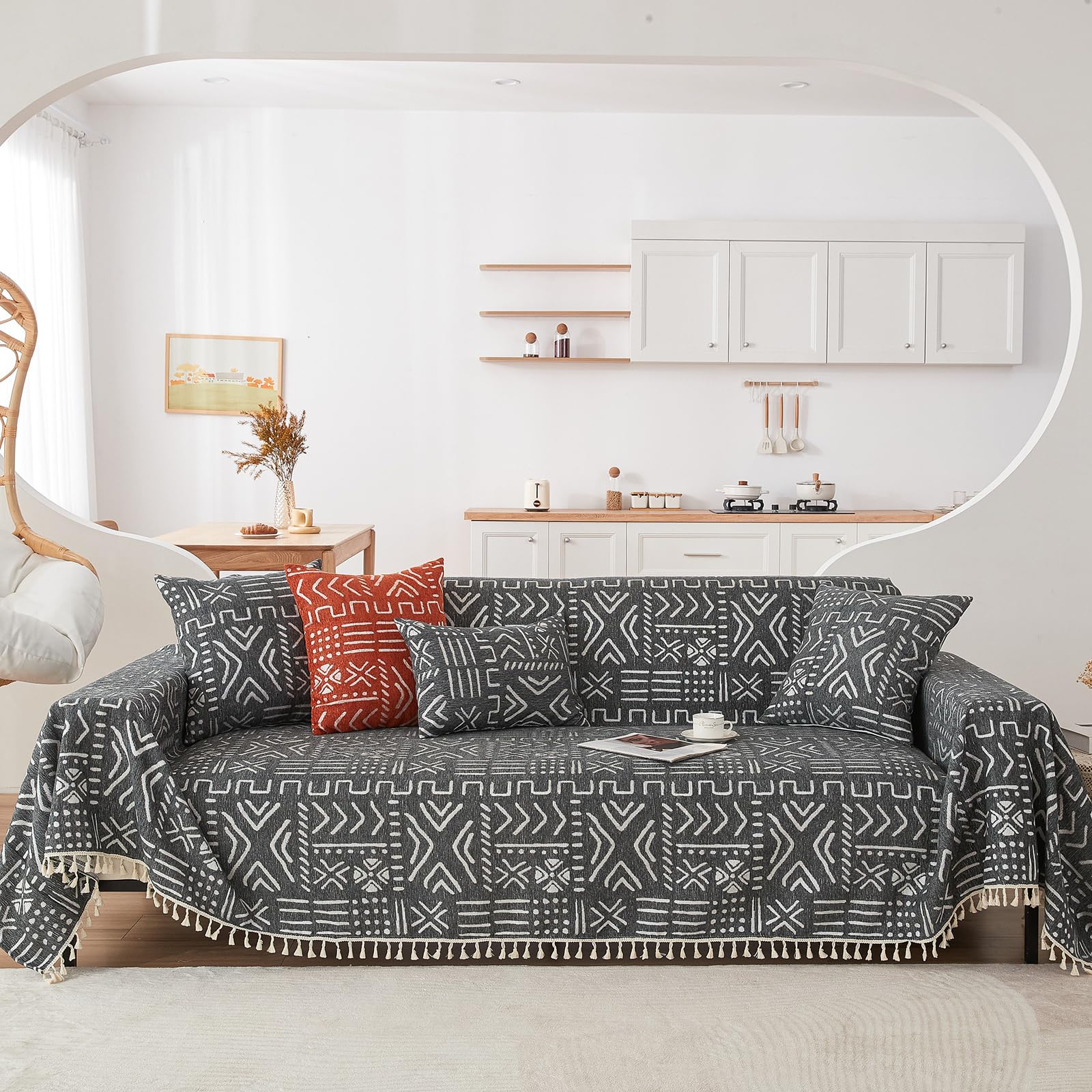 HANDONTIME Black White Boho Sofa Cover Geometric Farmhouse Tassel Couch Covers Boho Living Room Décor Dog Sofa Covers for Slipcover Aesthetic Couch