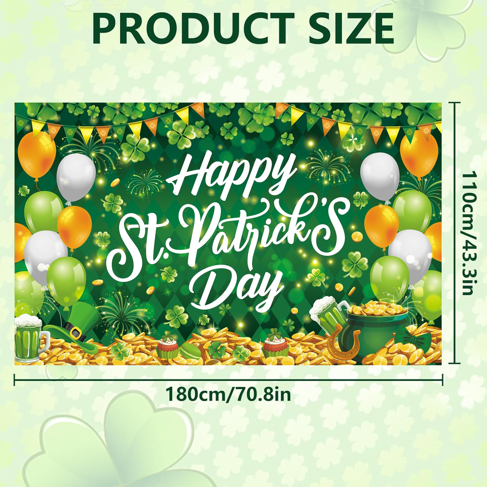 St Patricks Day Decorations Happy St. Patrick's Banner Backdrop Green Shamrock and Balloons Background Indoor Outdooor Wall Decorations Photo Booth Irish Theme Party Supplies 180×110 cm - Image 2