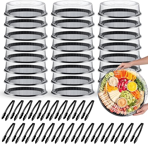 24 juegos de bandejas de catering de 16 pulgadas con tapas, bandejas de plástico para servir con 24 tapas y 24 pinzas de plástico desechables