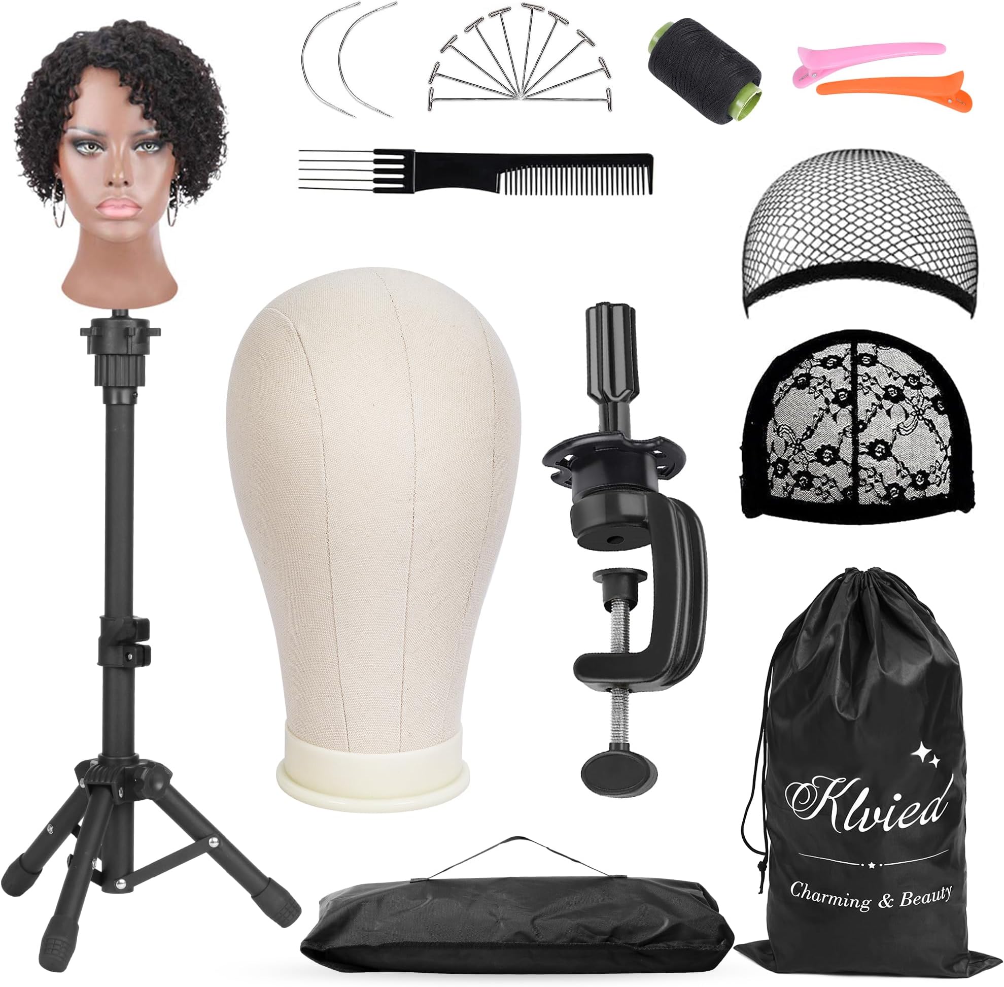 Klvied Wig Mannequin Stand for Desktop, Dual-use 22 Inch Canvas Wig Head Display, Adjustable Clamp Wig Holder, Manikin Head Stand Set for Cosmetology Hairdressing Training with Carrying Case
